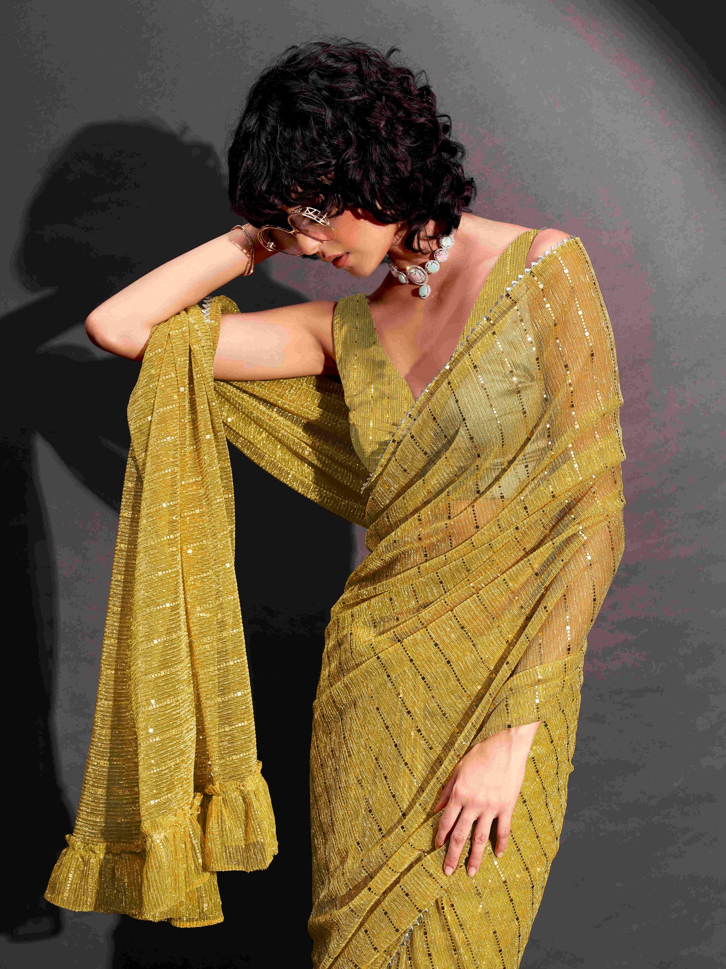 Dhiyona TI Women's Yellow Lycra Foil Saree Embellished & Tassels with Unstitched Blouse