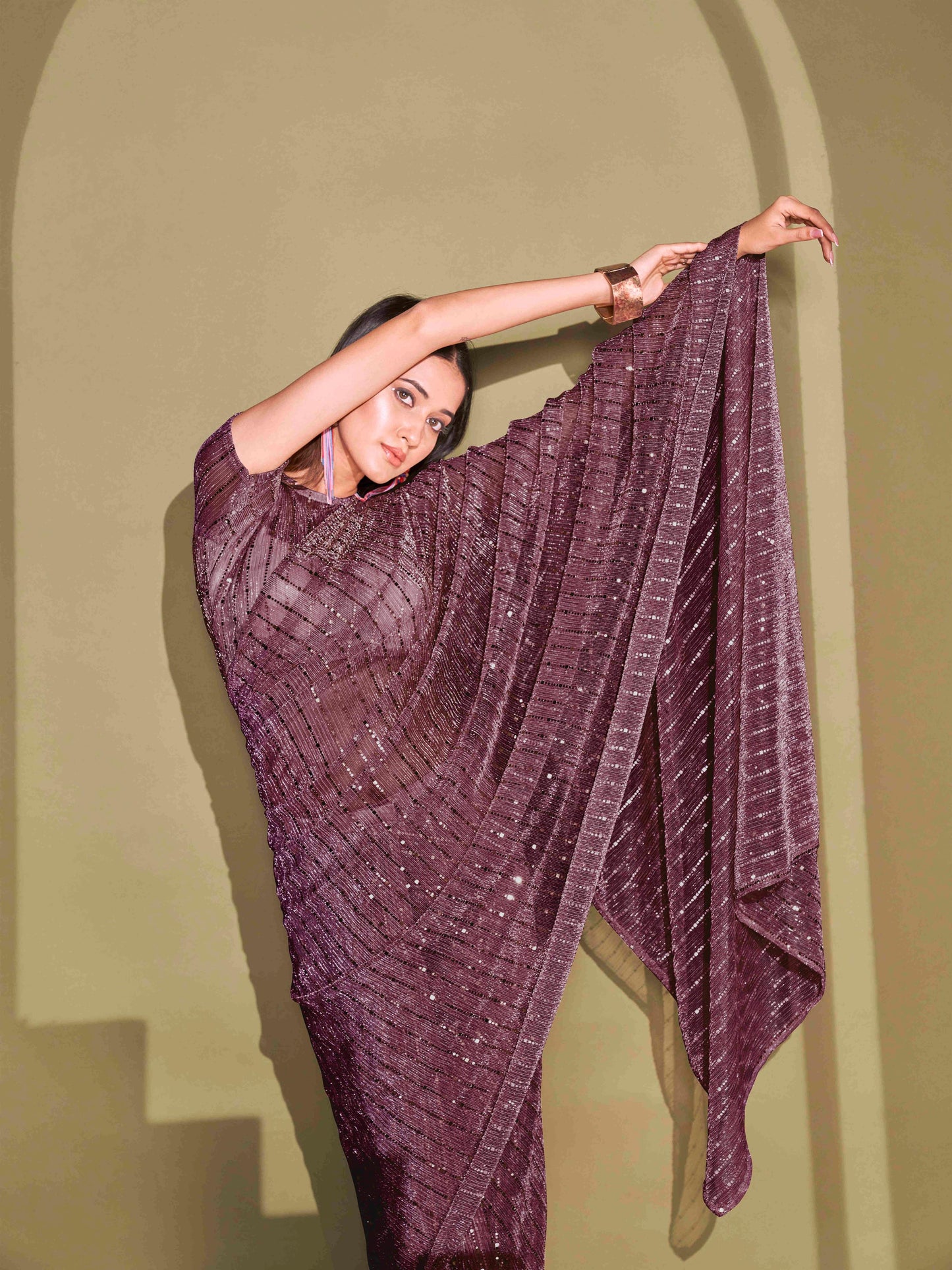 Dhiyona TI Women's Magenta Lycra Foil Saree Embellished with Unstitched Blouse