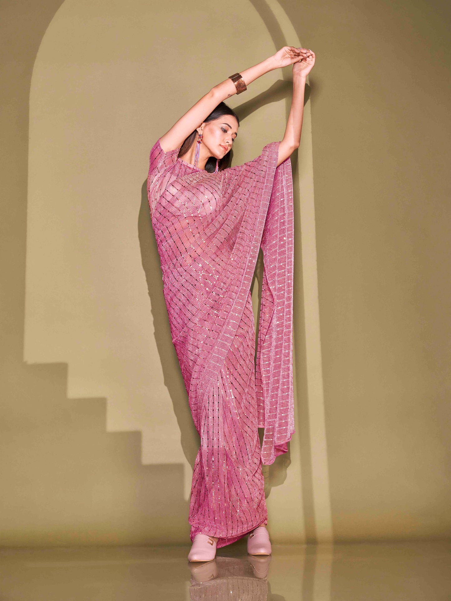 Dhiyona TI Women's Pink Lycra Foil Saree Embellished with Unstitched Blouse