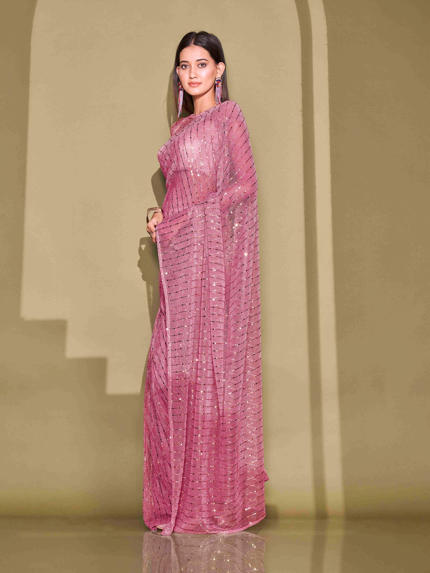 Dhiyona TI Women's Pink Lycra Foil Saree Embellished with Unstitched Blouse