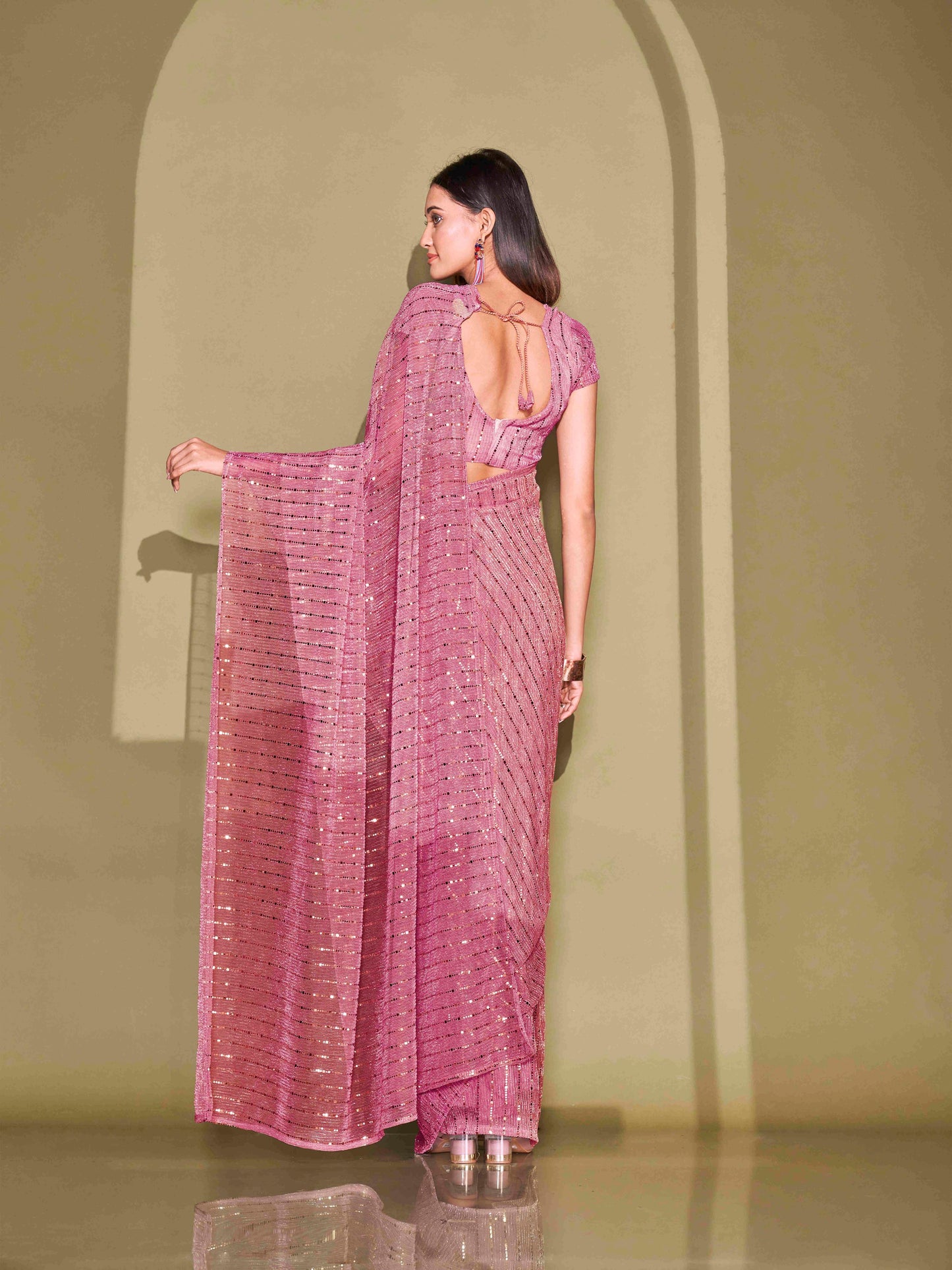 Dhiyona TI Women's Pink Lycra Foil Saree Embellished with Unstitched Blouse