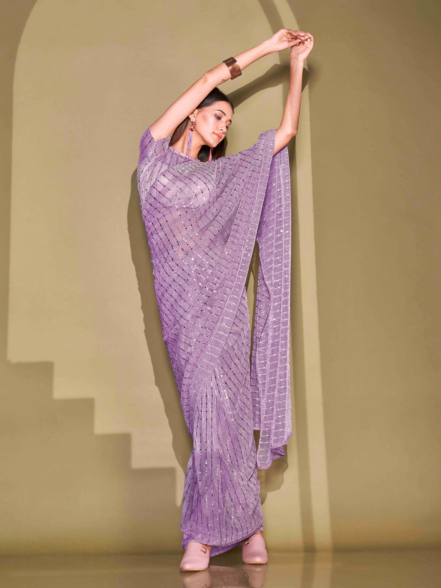 Dhiyona TI Women's Lavender Lycra Foil Saree Embellished with Unstitched Blouse