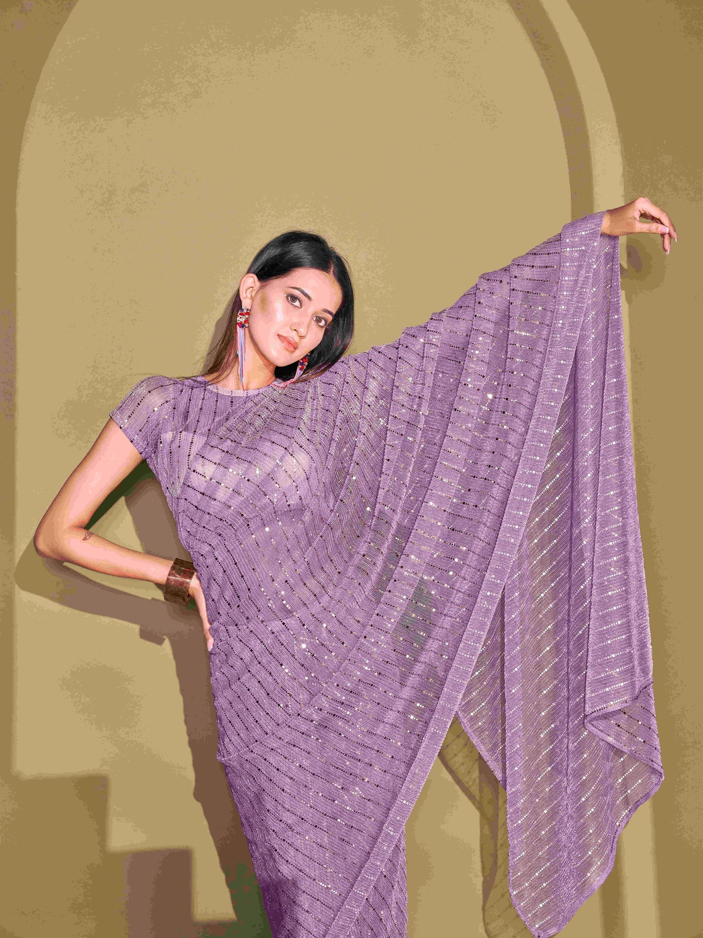 Dhiyona TI Women's Lavender Lycra Foil Saree Embellished with Unstitched Blouse