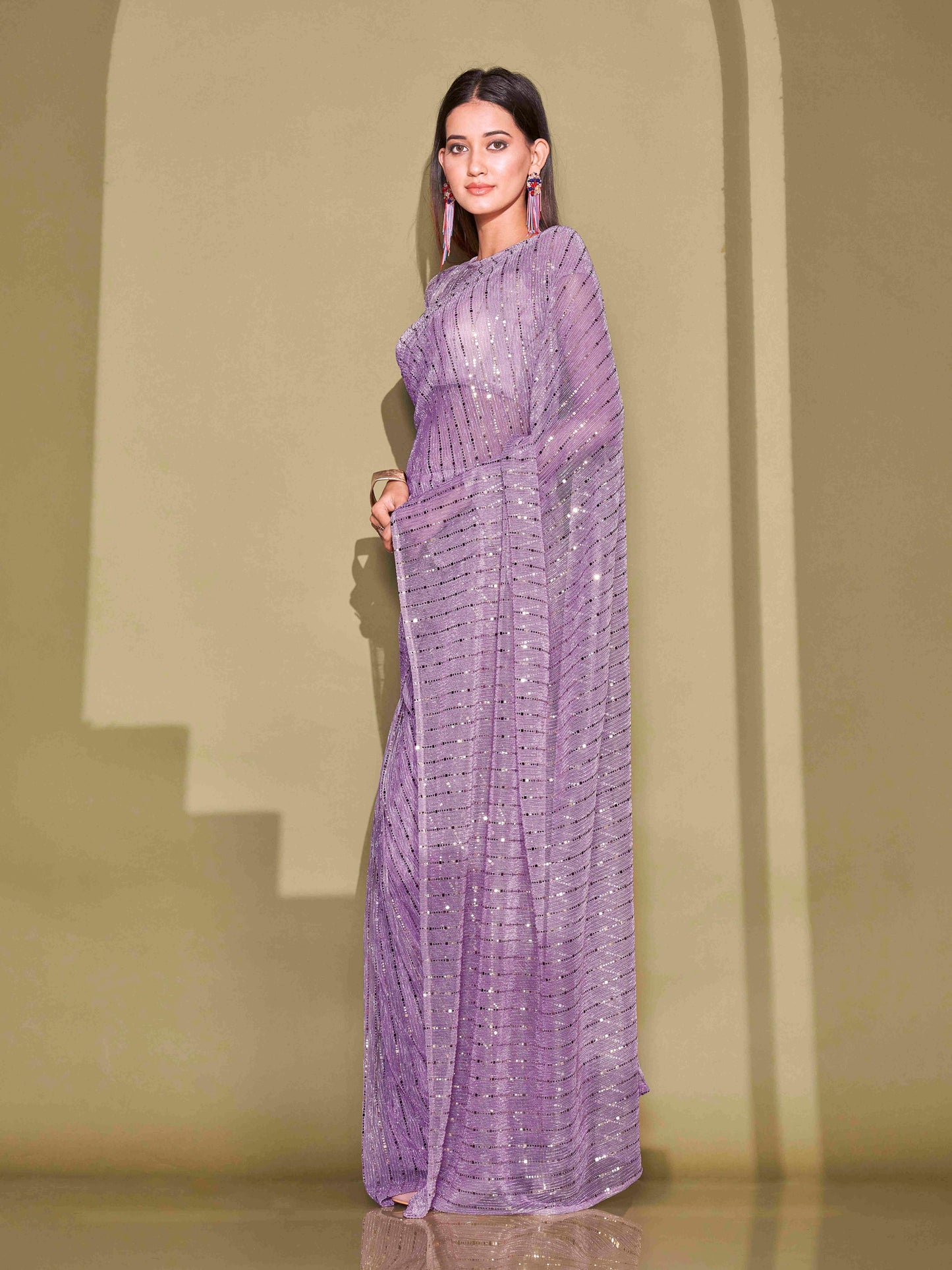 Dhiyona TI Women's Lavender Lycra Foil Saree Embellished with Unstitched Blouse
