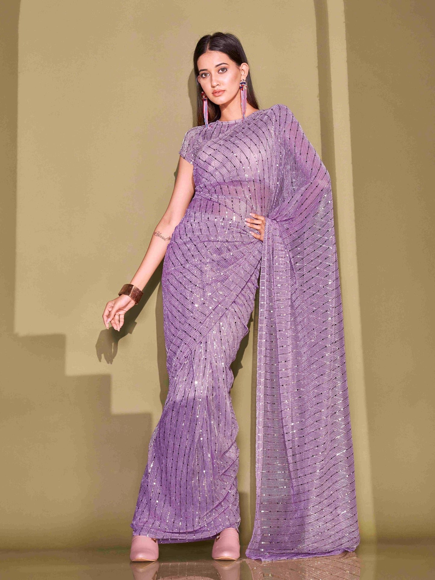 Dhiyona TI Women's Lavender Lycra Foil Saree Embellished with Unstitched Blouse