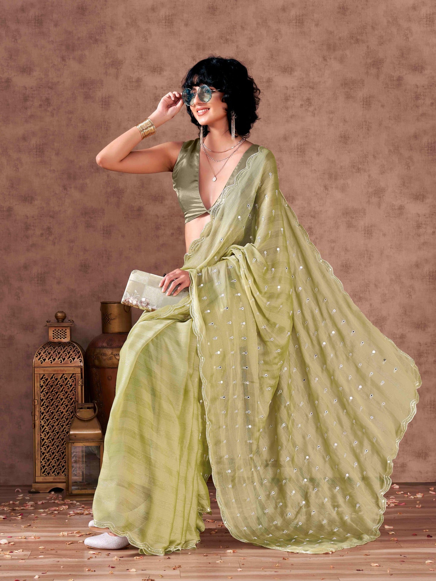 Dhiyona TI Women's Pista Chiffon Mirror Embroidery on Pallu & Scalloped Border Saree with Unstitched Blouse
