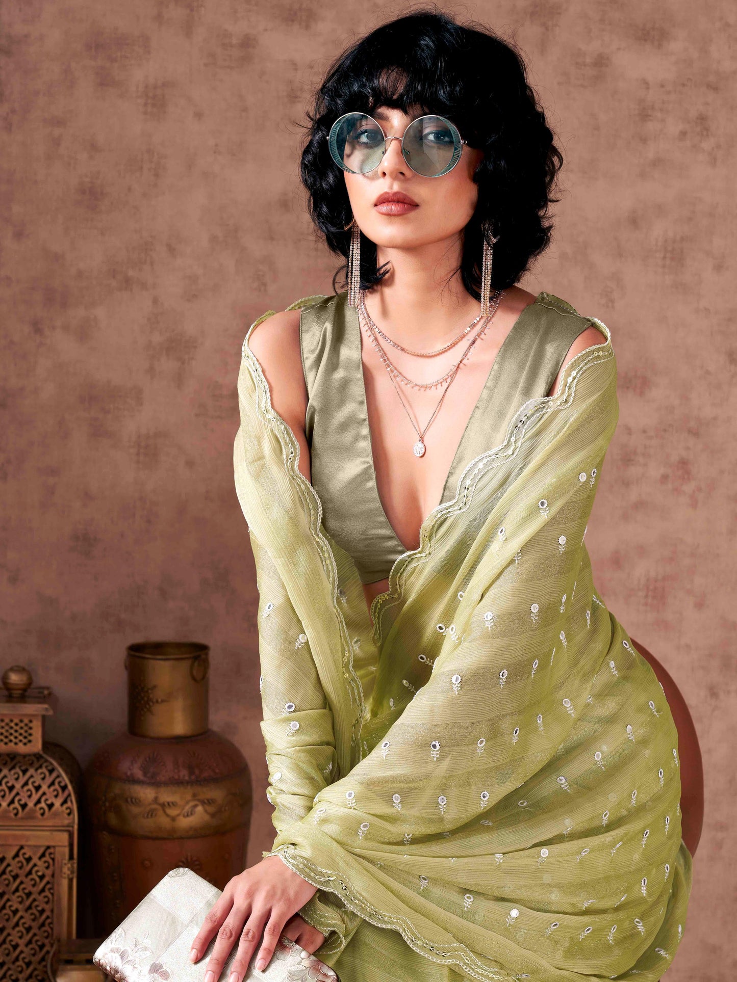 Dhiyona TI Women's Pista Chiffon Mirror Embroidery on Pallu & Scalloped Border Saree with Unstitched Blouse