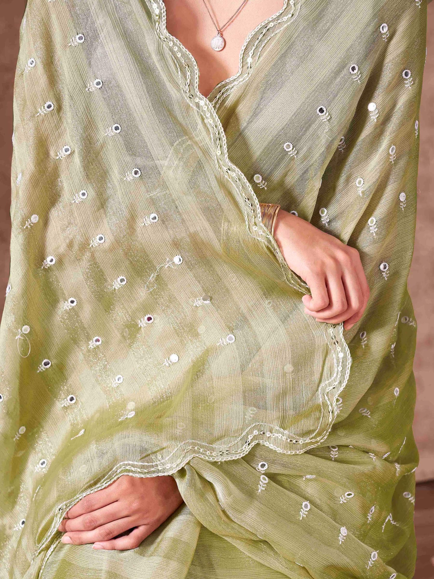 Dhiyona TI Women's Pista Chiffon Mirror Embroidery on Pallu & Scalloped Border Saree with Unstitched Blouse