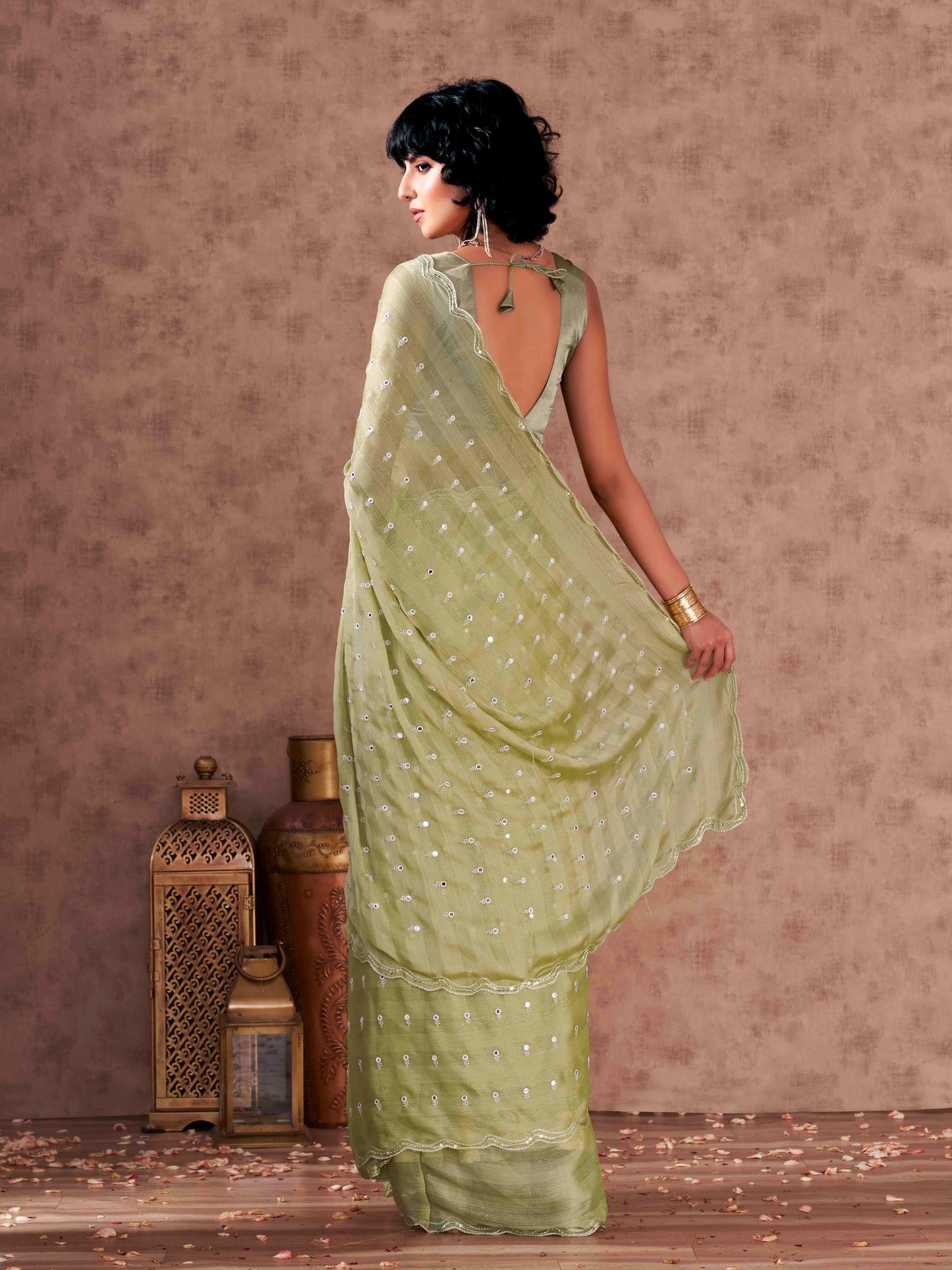 Dhiyona TI Women's Pista Chiffon Mirror Embroidery on Pallu & Scalloped Border Saree with Unstitched Blouse