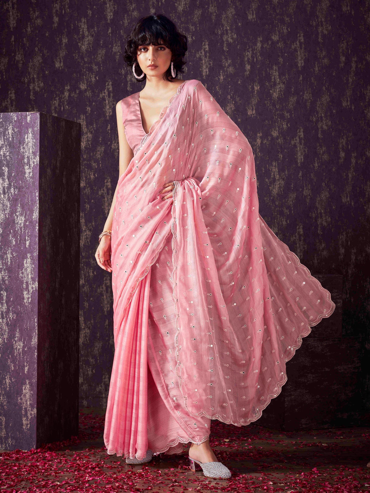 Dhiyona TI Women's Peach Chiffon Mirror Embroidery on Pallu & Scalloped Border Saree with Unstitched Blouse