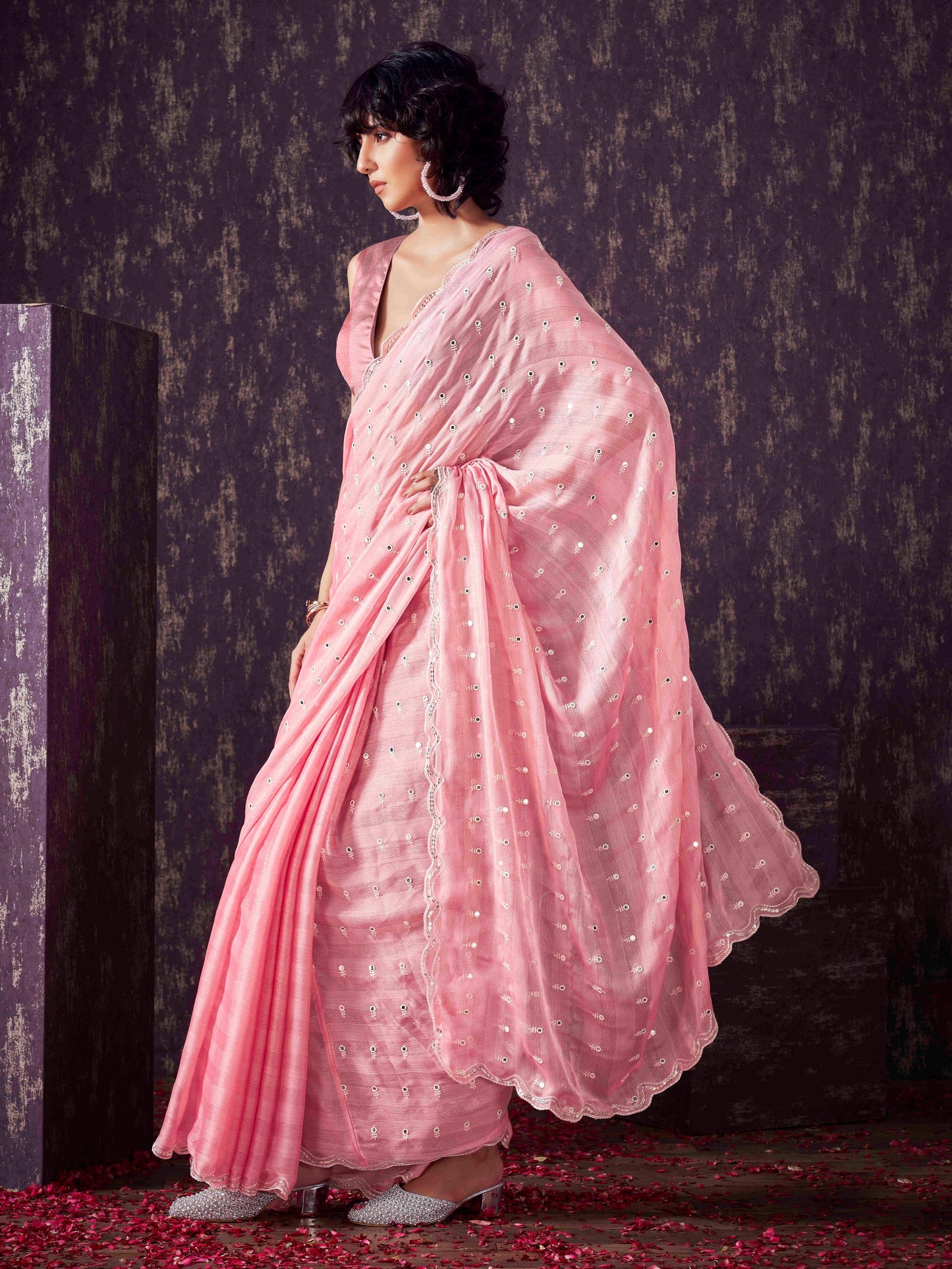 Dhiyona TI Women's Peach Chiffon Mirror Embroidery on Pallu & Scalloped Border Saree with Unstitched Blouse