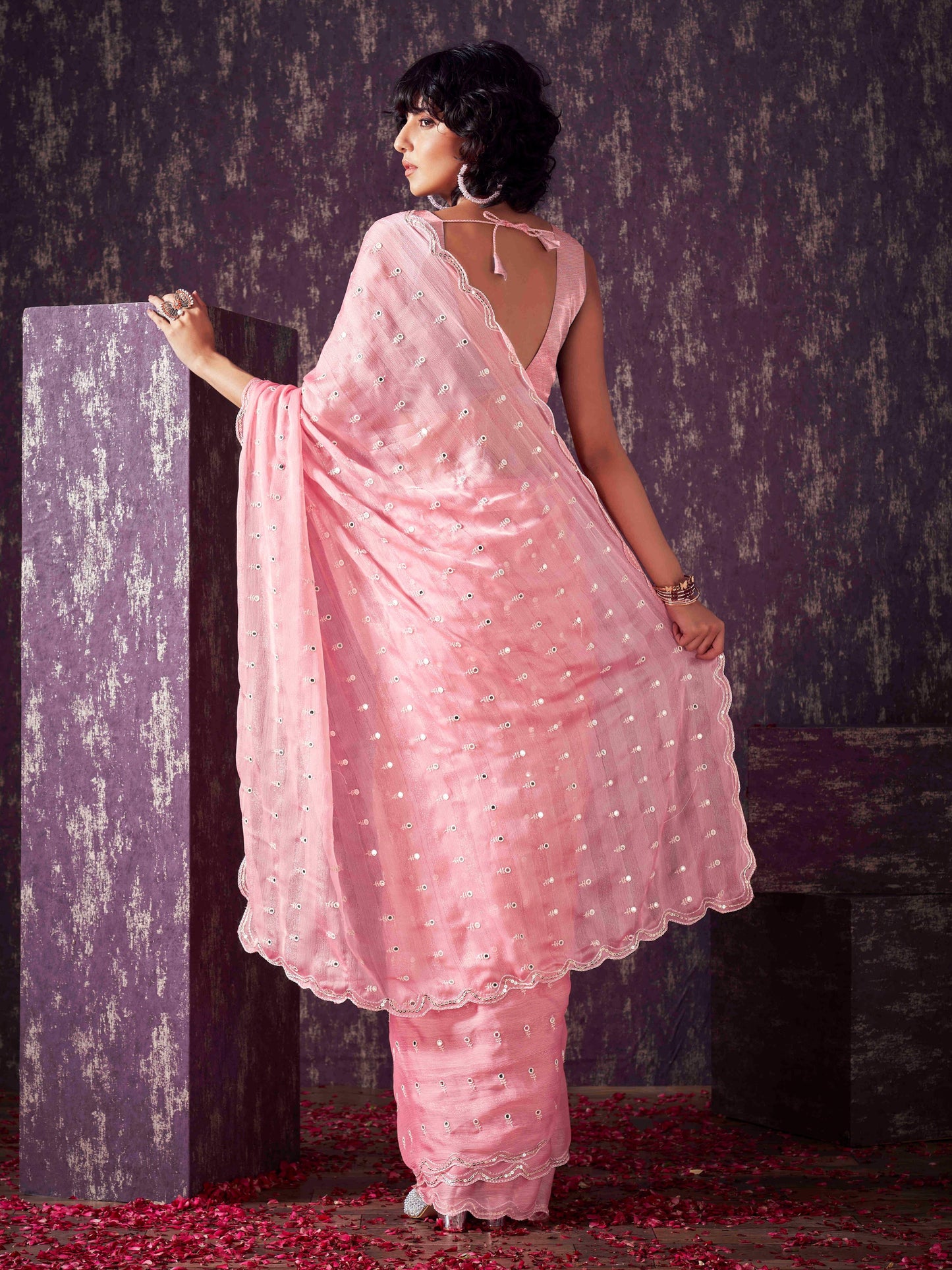 Dhiyona TI Women's Peach Chiffon Mirror Embroidery on Pallu & Scalloped Border Saree with Unstitched Blouse