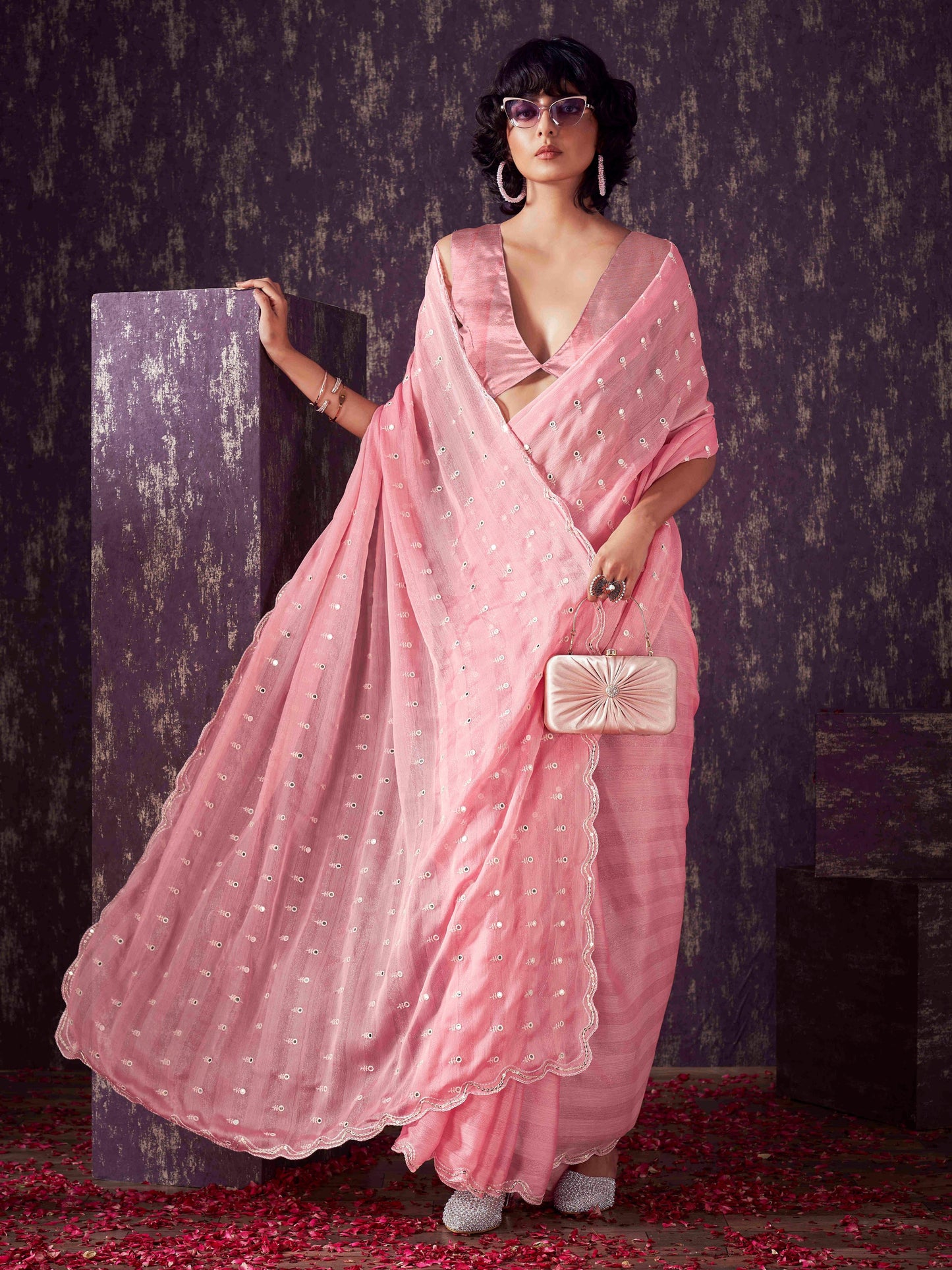 Dhiyona TI Women's Peach Chiffon Mirror Embroidery on Pallu & Scalloped Border Saree with Unstitched Blouse
