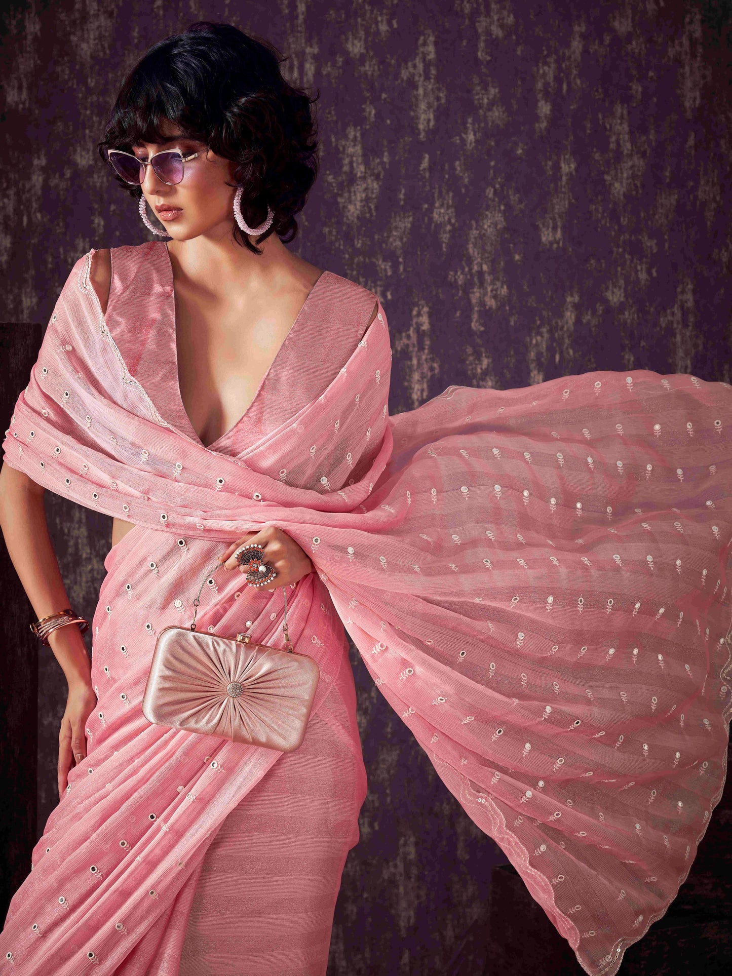 Dhiyona TI Women's Peach Chiffon Mirror Embroidery on Pallu & Scalloped Border Saree with Unstitched Blouse