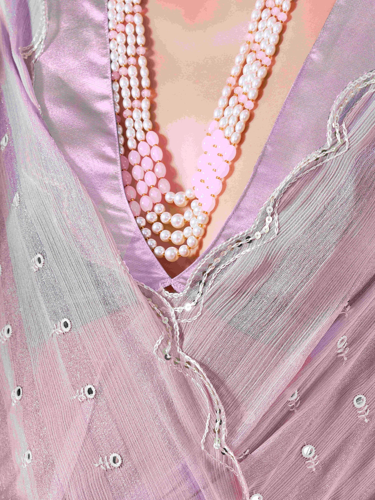 Dhiyona TI Women's Lavender Mirror Embroidery on Pallu & Scalloped Border Saree with Unstitched Blouse