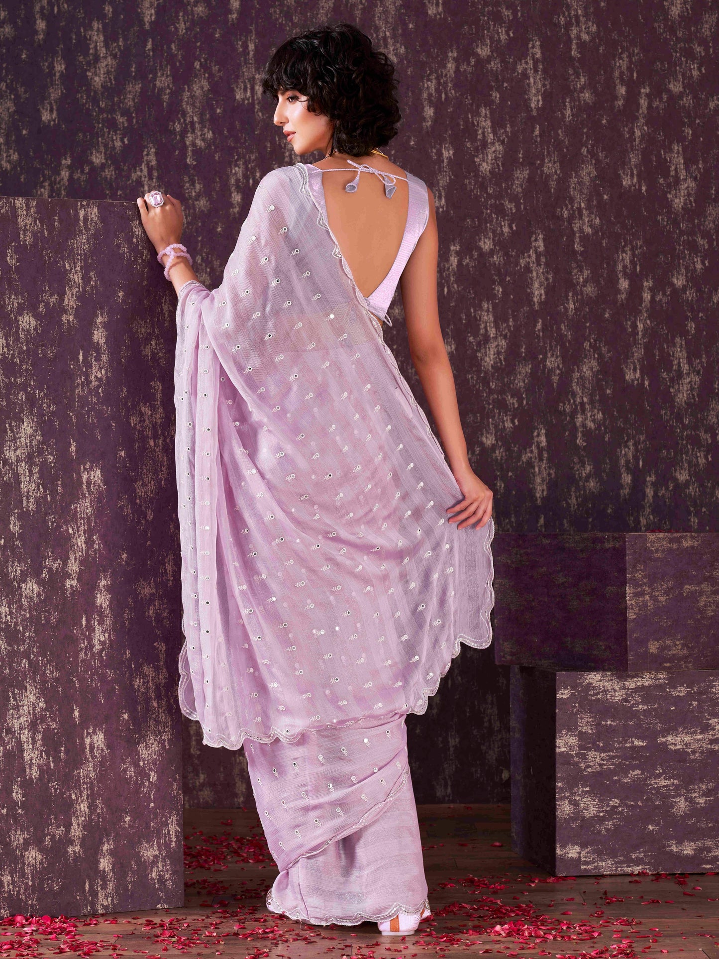 Dhiyona TI Women's Lavender Mirror Embroidery on Pallu & Scalloped Border Saree with Unstitched Blouse