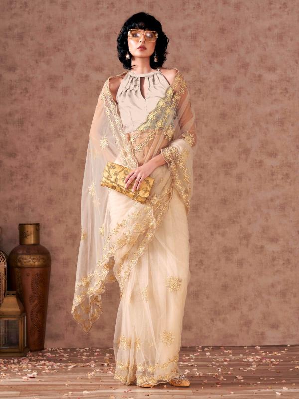 Dhiyona TI Women's Cream Net Embroidered Thread Work Saree with Unstitched Blouse