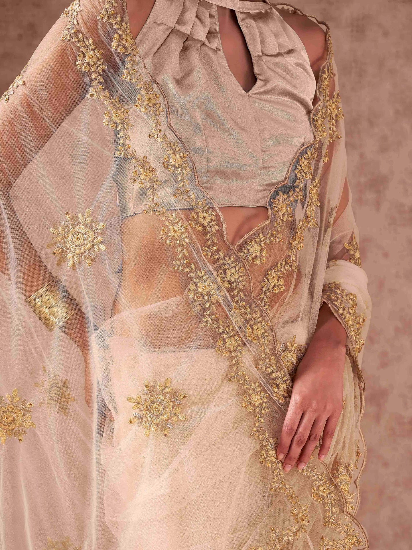 Dhiyona TI Women's Cream Net Embroidered Thread Work Saree with Unstitched Blouse