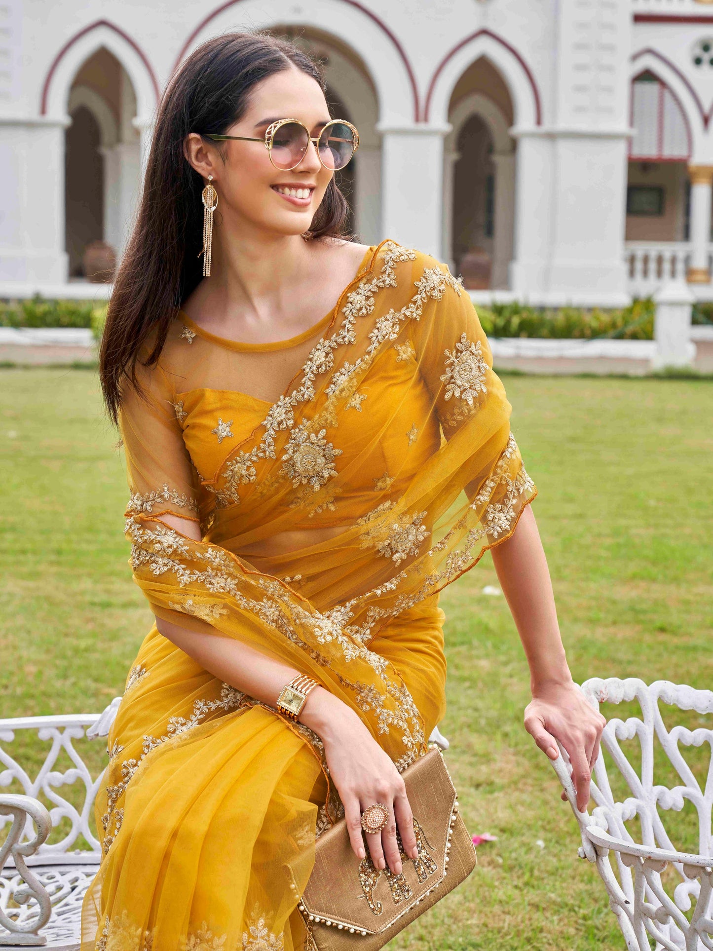 Dhiyona TI Women's Mustard Net Embroidered Thread Work Saree with Unstitched Blouse