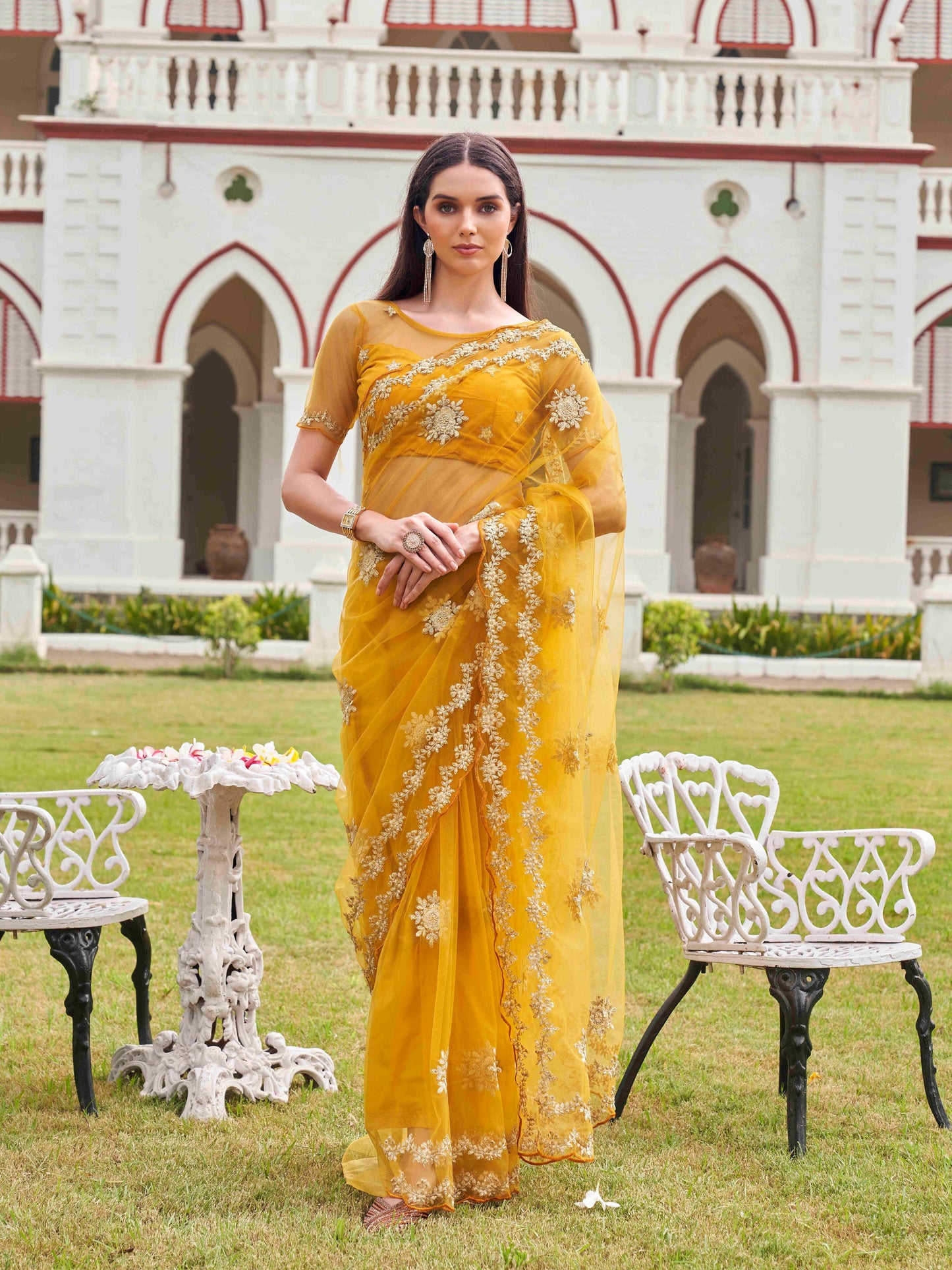 Dhiyona TI Women's Mustard Net Embroidered Thread Work Saree with Unstitched Blouse
