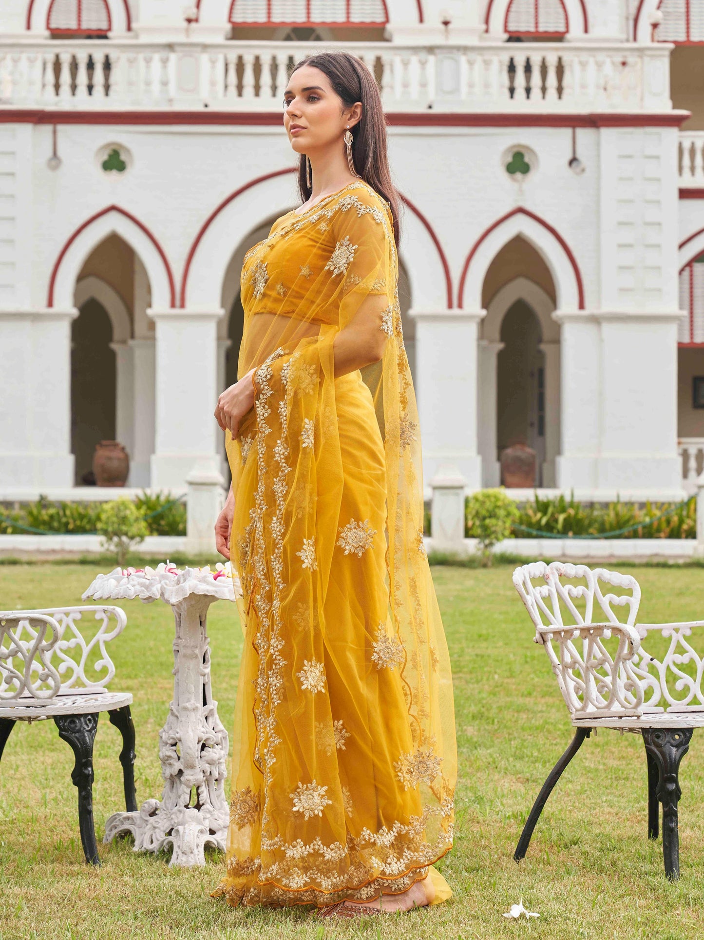 Dhiyona TI Women's Mustard Net Embroidered Thread Work Saree with Unstitched Blouse