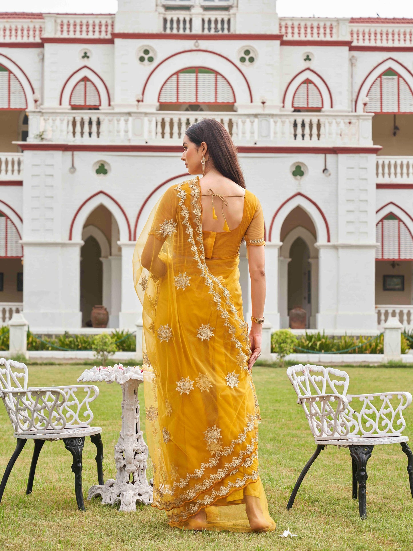 Dhiyona TI Women's Mustard Net Embroidered Thread Work Saree with Unstitched Blouse
