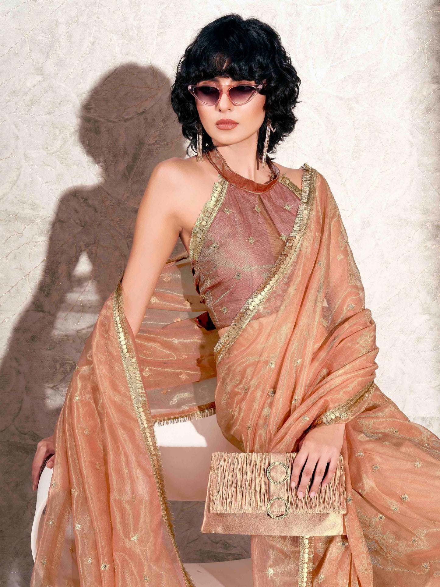 Dhiyona TI Women's Peach Shimmer Net Sequined Embroidered Saree with Unstitched Blouse