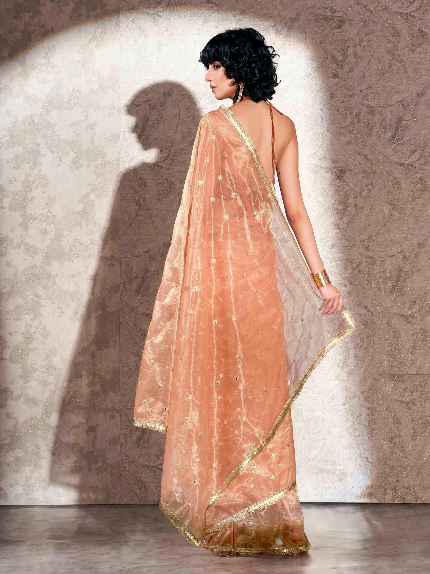 Dhiyona TI Women's Peach Shimmer Net Sequined Embroidered Saree with Unstitched Blouse