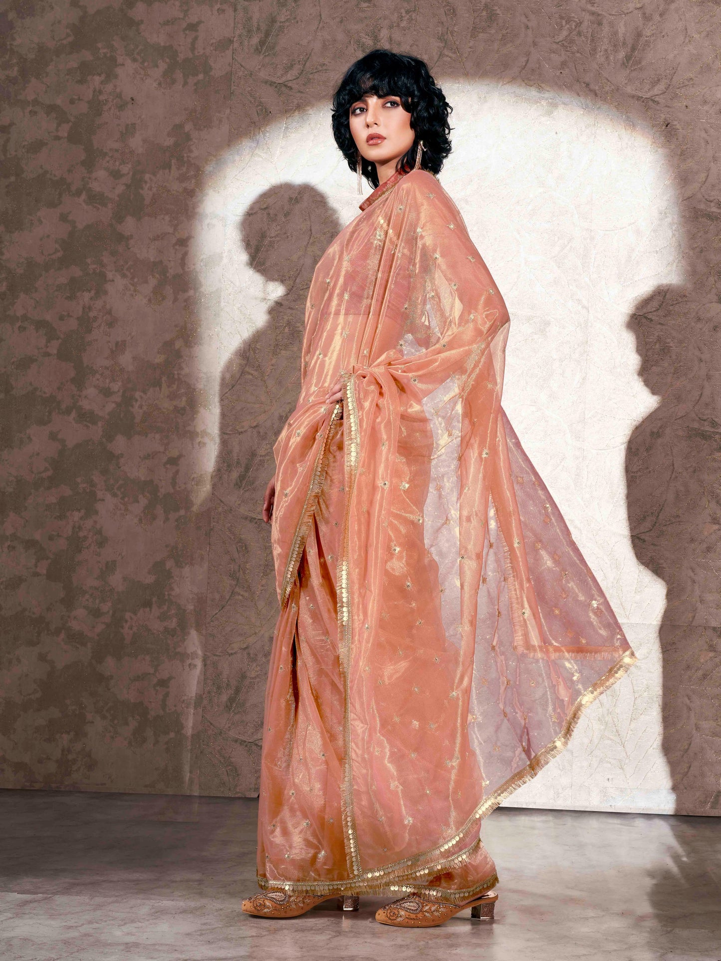 Dhiyona TI Women's Peach Shimmer Net Sequined Embroidered Saree with Unstitched Blouse