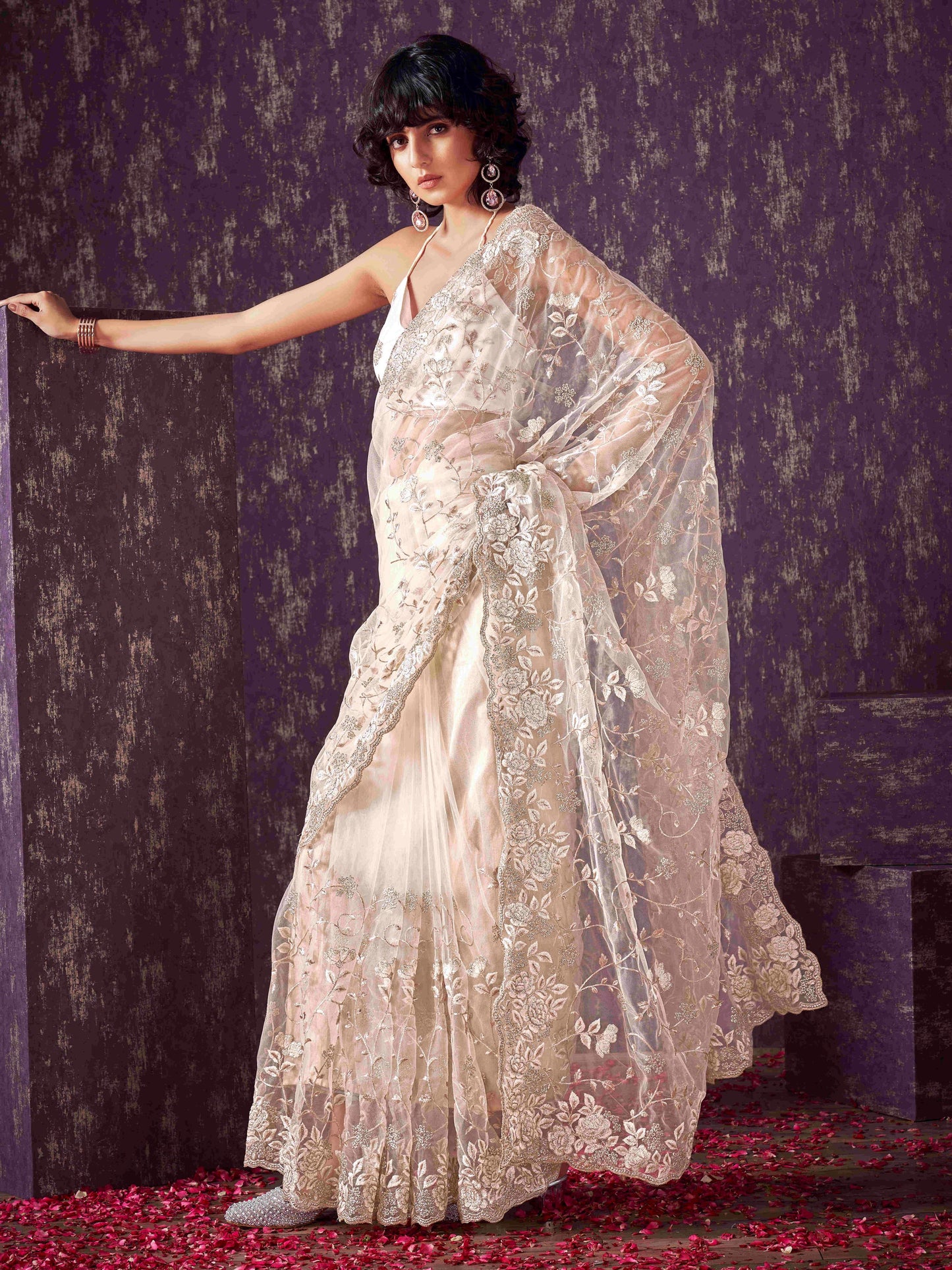 Dhiyona TI Women's Off White Floral Embroidered Net Saree with Unstitched Blouse