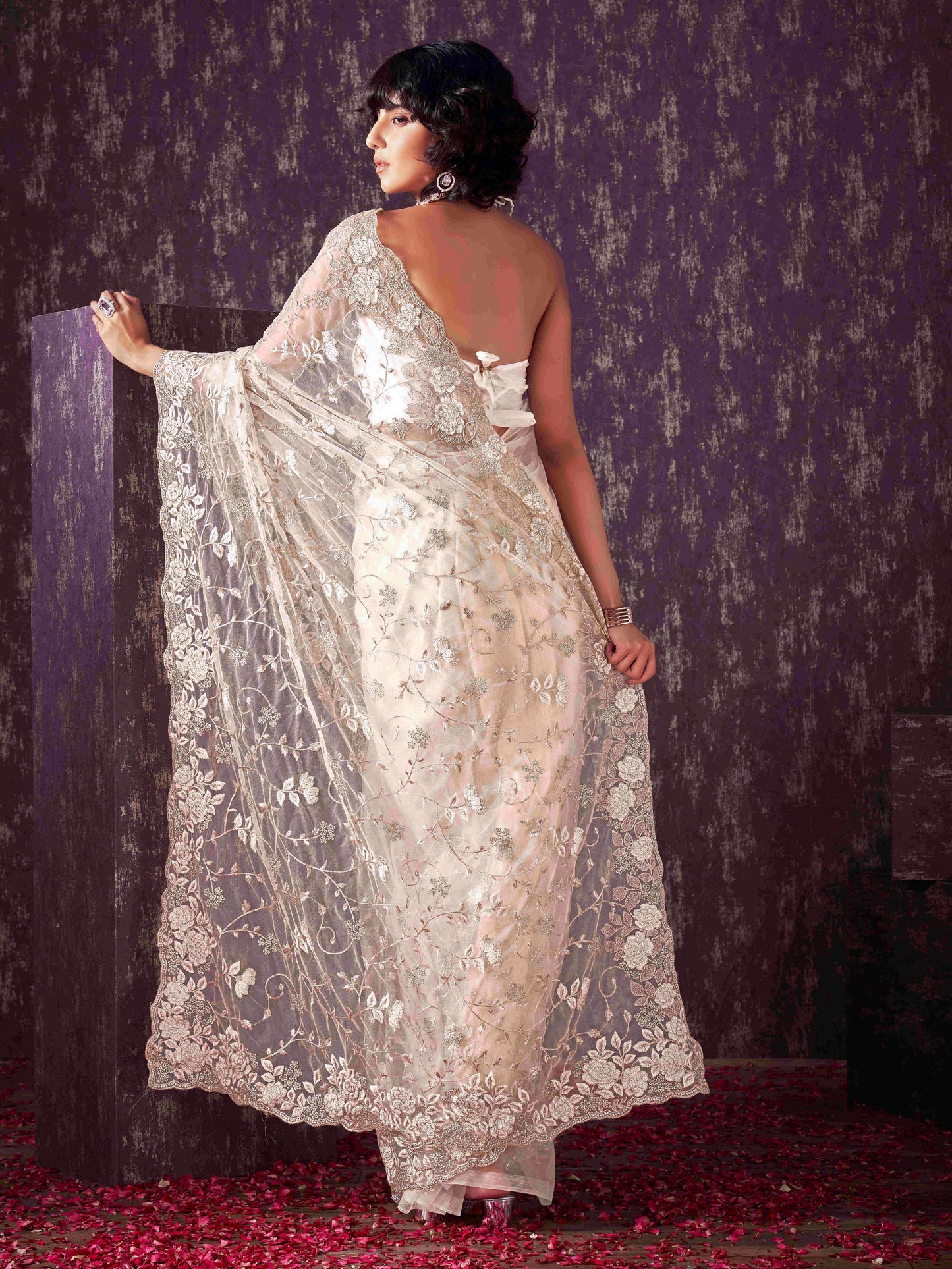 Dhiyona TI Women's Off White Floral Embroidered Net Saree with Unstitched Blouse