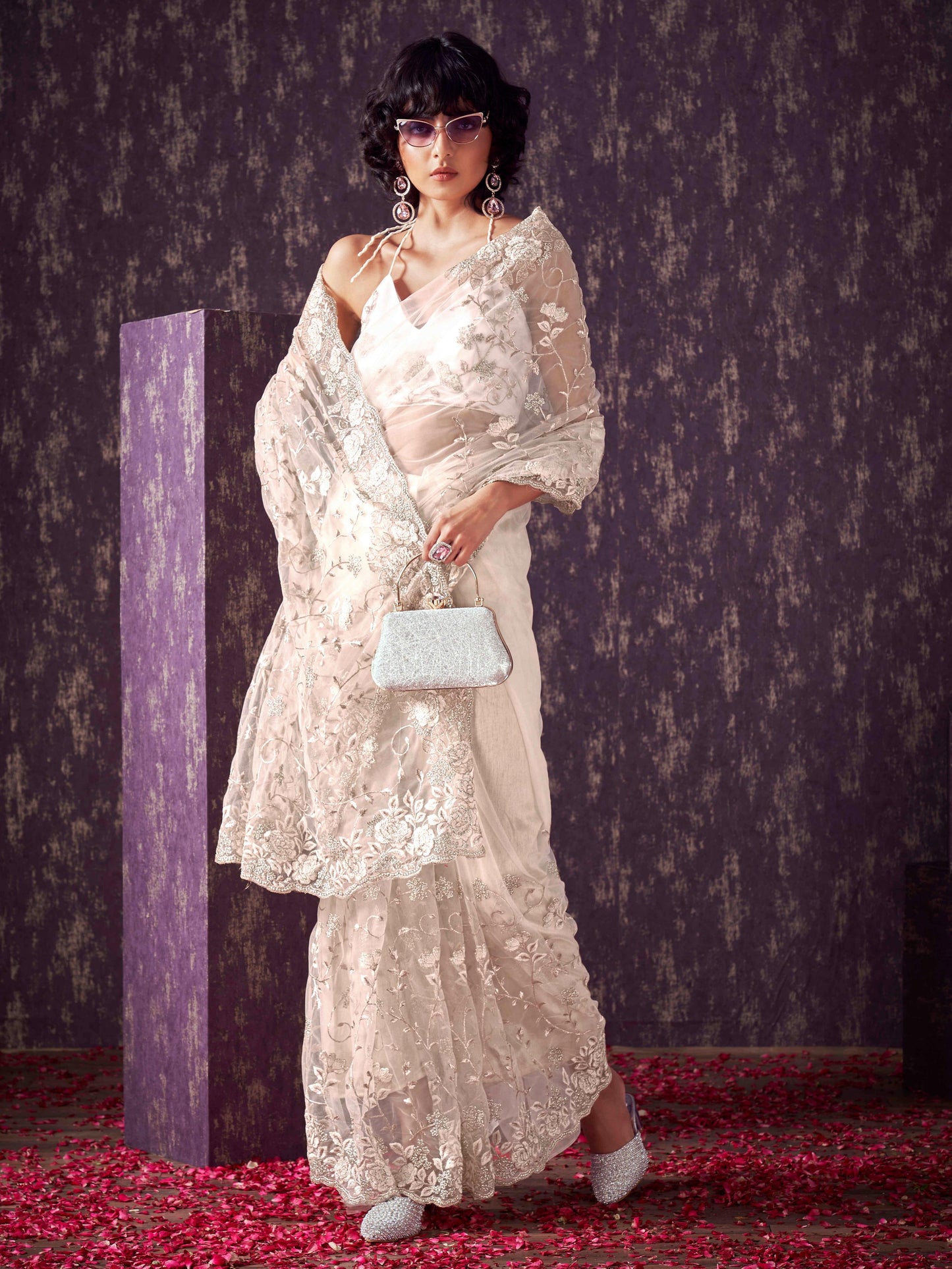 Dhiyona TI Women's Off White Floral Embroidered Net Saree with Unstitched Blouse