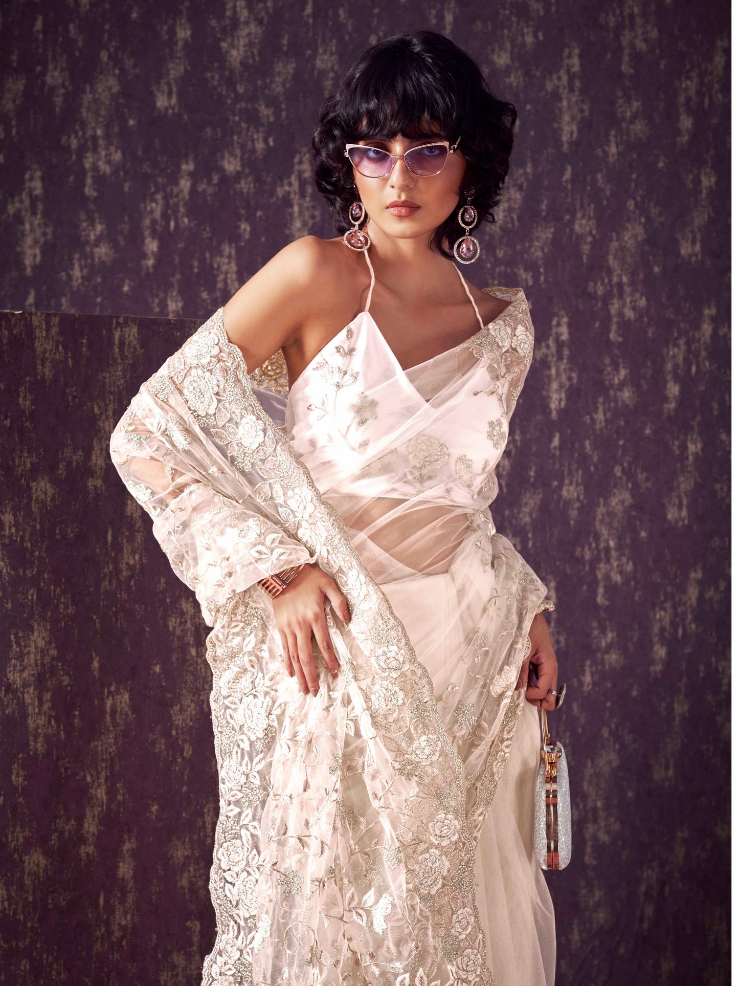 Dhiyona TI Women's Off White Floral Embroidered Net Saree with Unstitched Blouse