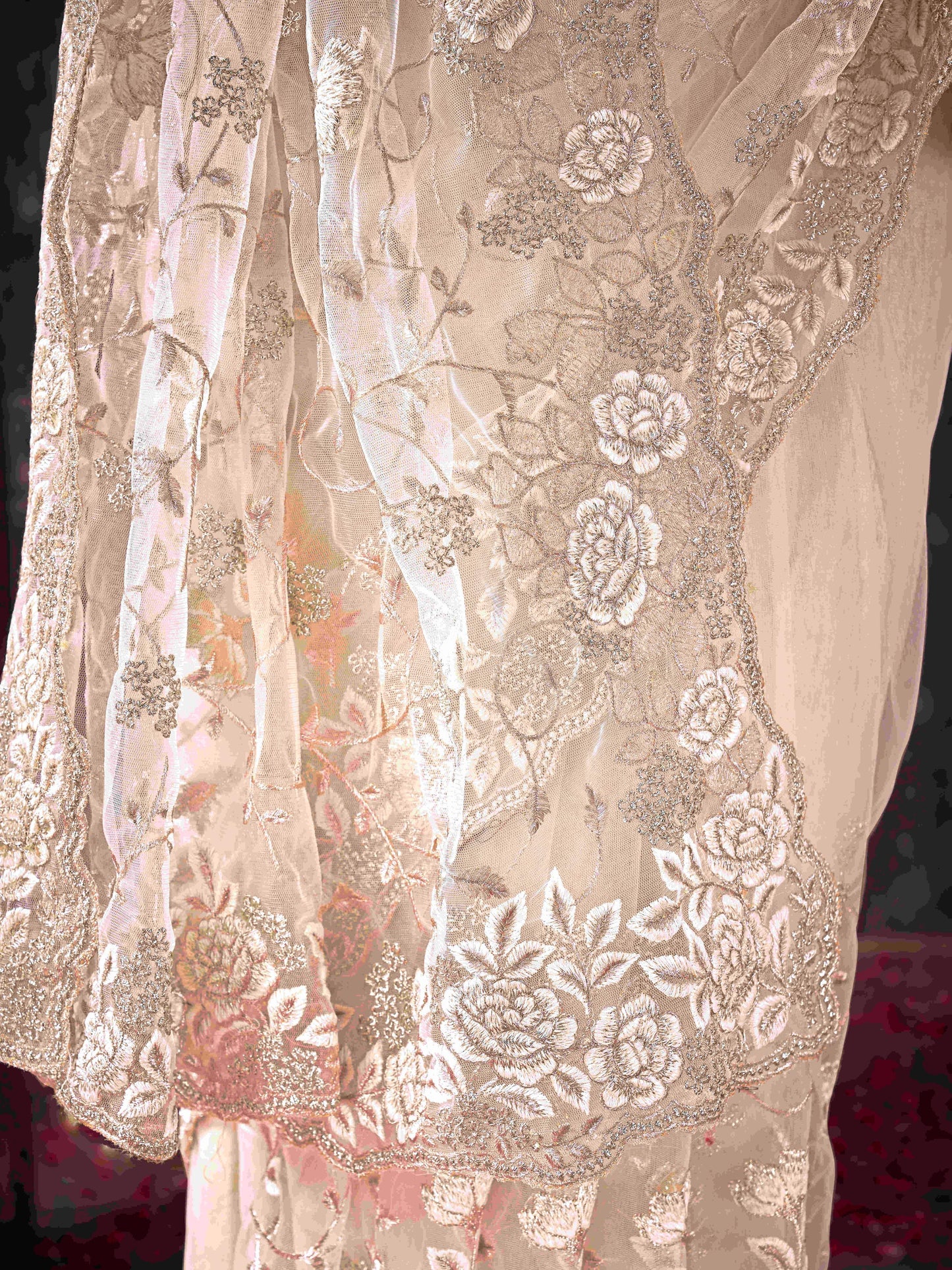 Dhiyona TI Women's Off White Floral Embroidered Net Saree with Unstitched Blouse