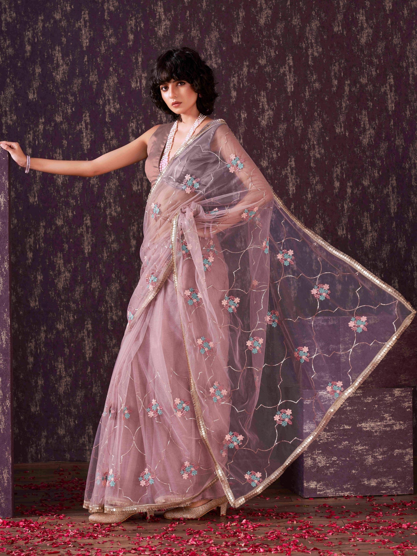 Dhiyona TI Women's Rose Pink Sequined Embroidered Net Saree with Unstitched Blouse