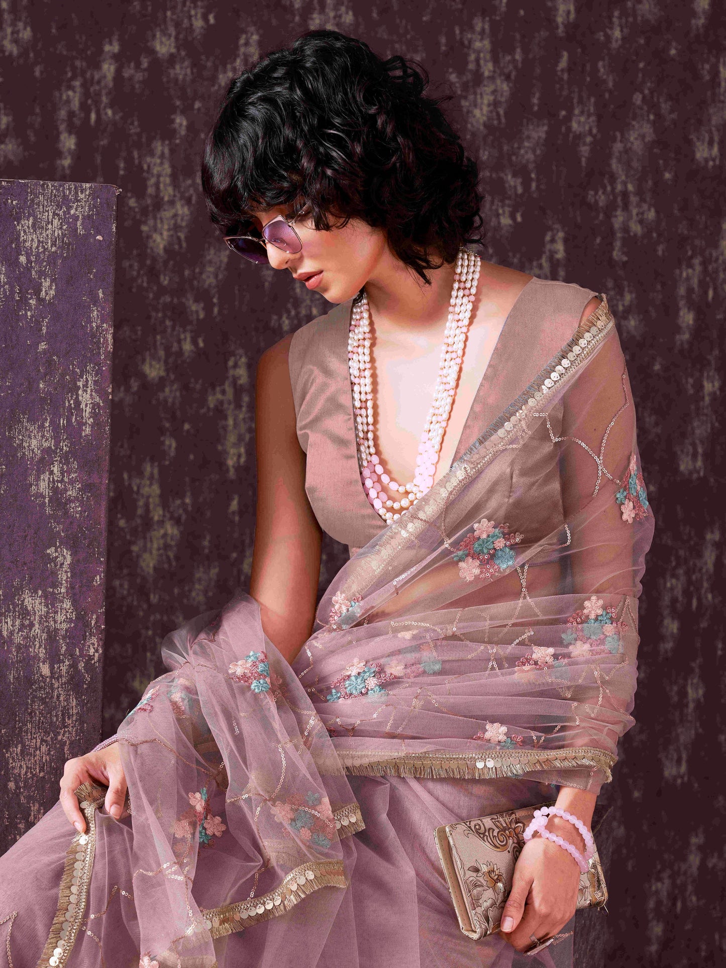 Dhiyona TI Women's Rose Pink Sequined Embroidered Net Saree with Unstitched Blouse