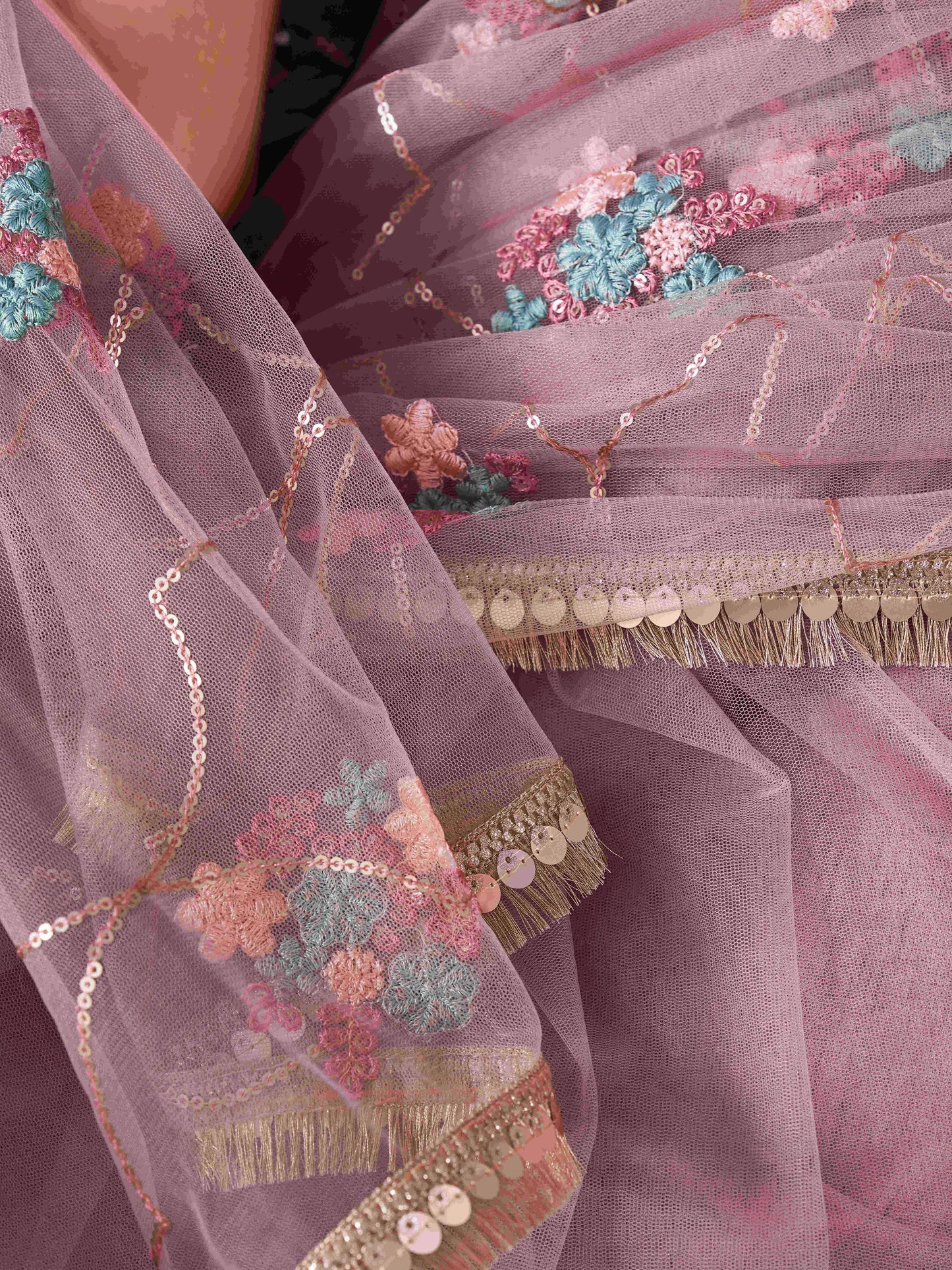 Dhiyona TI Women's Rose Pink Sequined Embroidered Net Saree with Unstitched Blouse