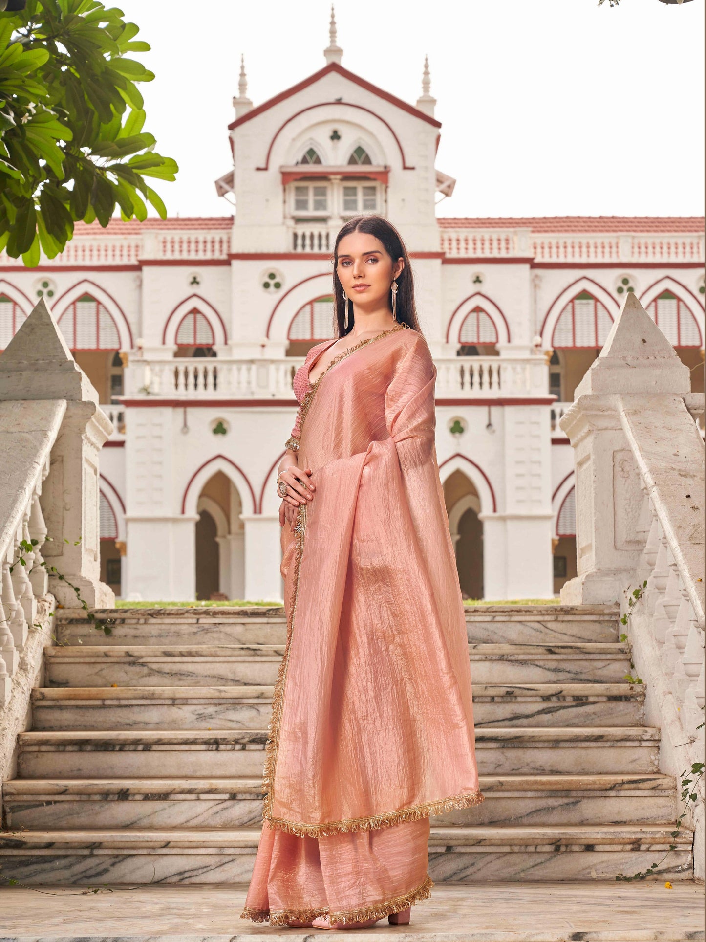 Dhiyona TI Women's Peach Colored Crushed Organza Saree With Unstitched Blouse