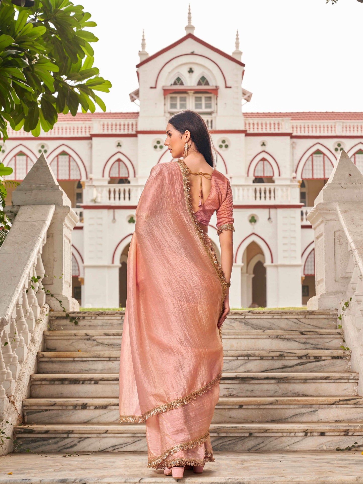 Dhiyona TI Women's Peach Colored Crushed Organza Saree With Unstitched Blouse