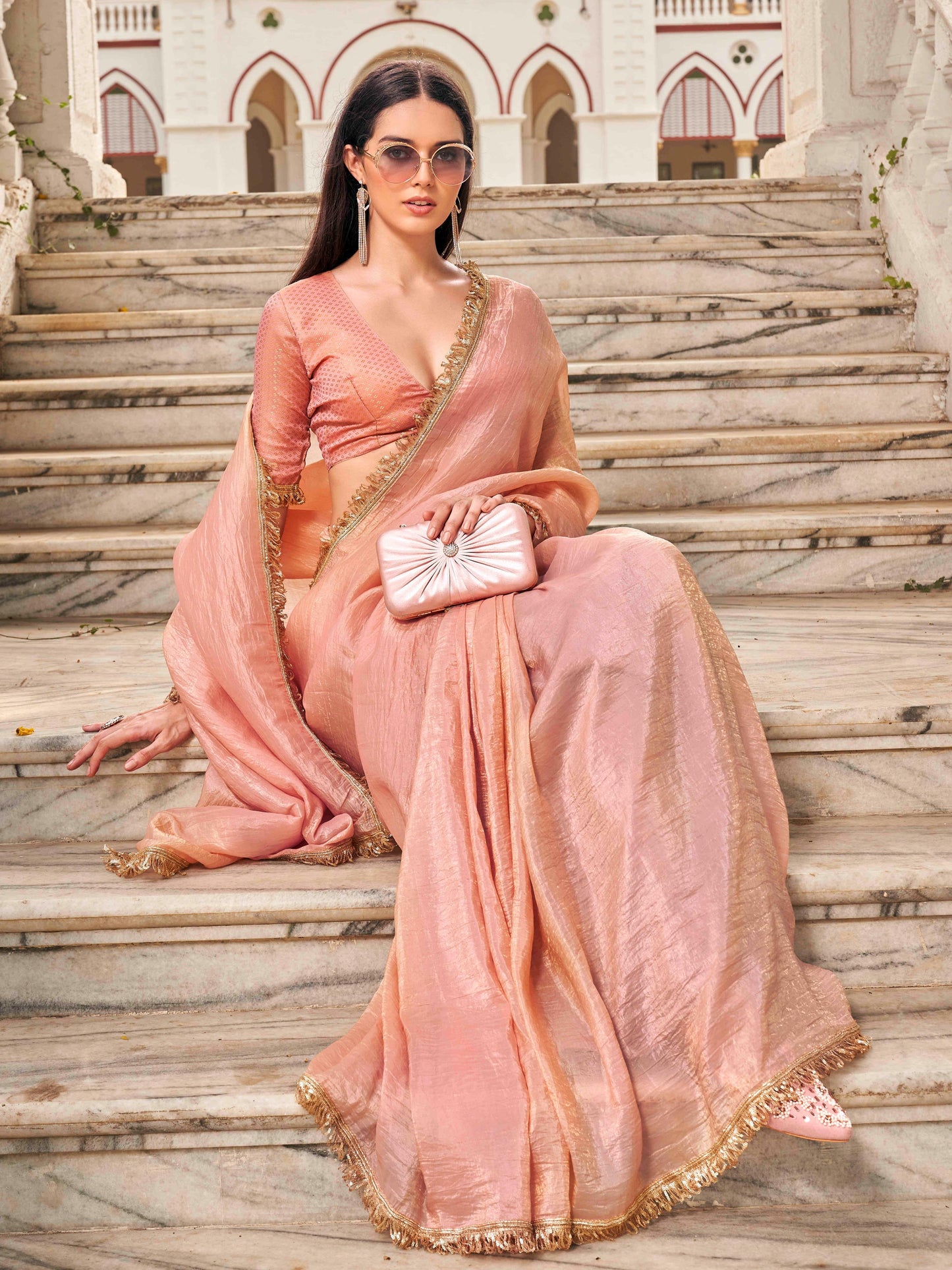 Dhiyona TI Women's Peach Colored Crushed Organza Saree With Unstitched Blouse