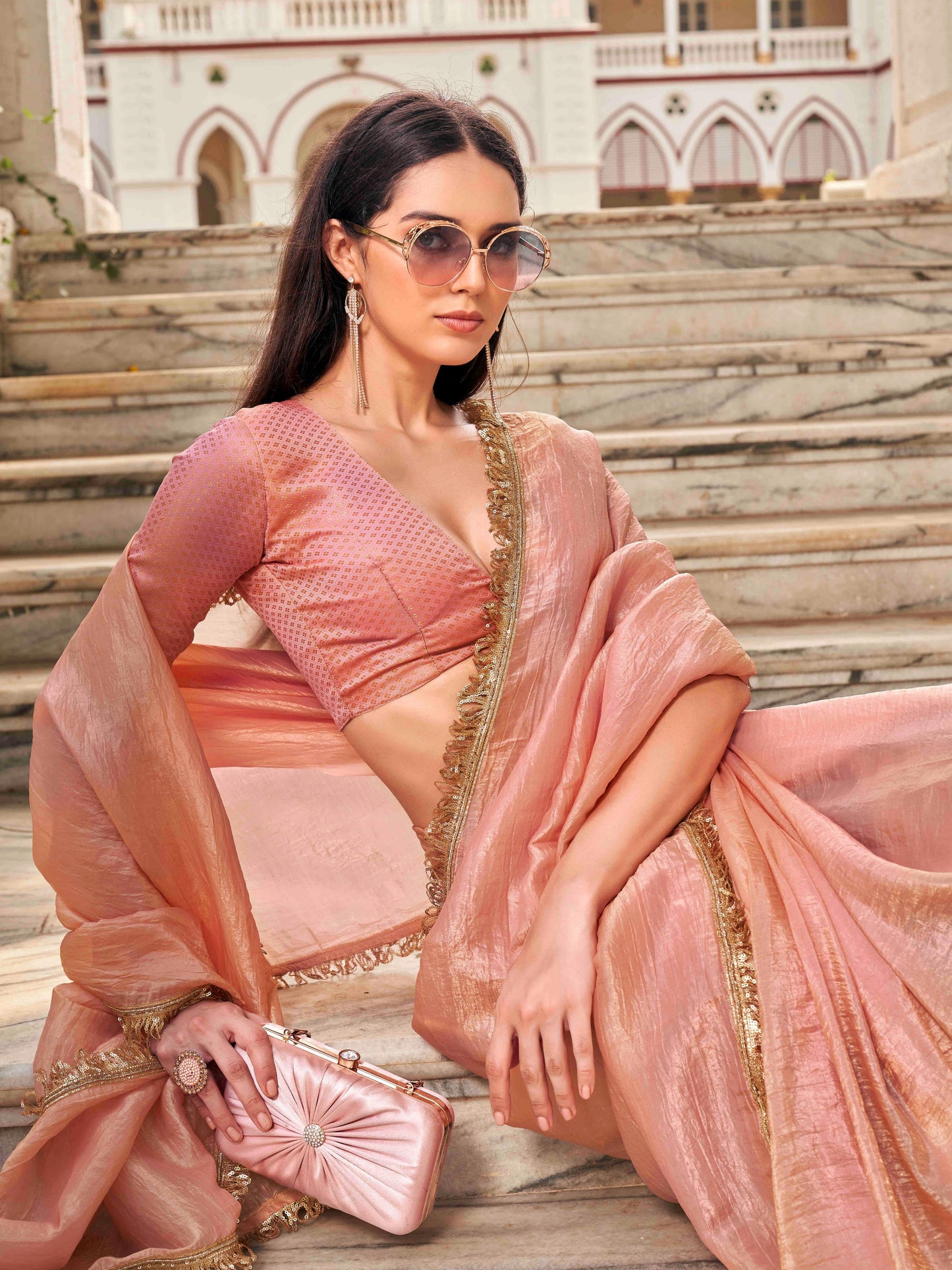 Dhiyona TI Women's Peach Colored Crushed Organza Saree With Unstitched Blouse
