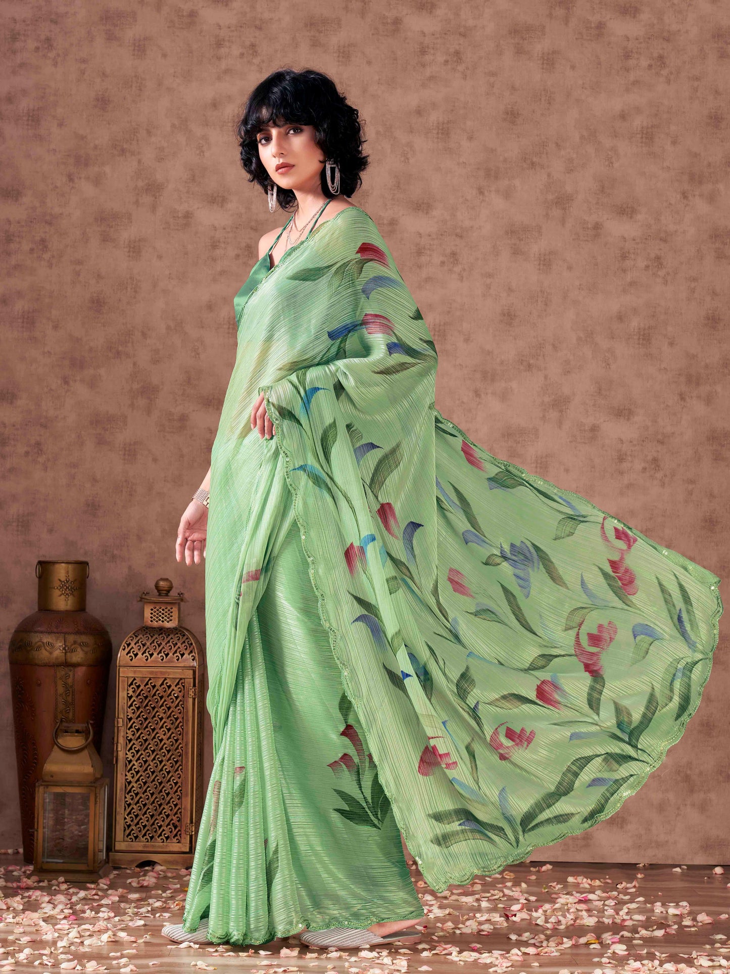 Dhiyona TI Women's Green Colored Hand Painted Striped Satin Scalloped Border Saree with Unstitched Blouse