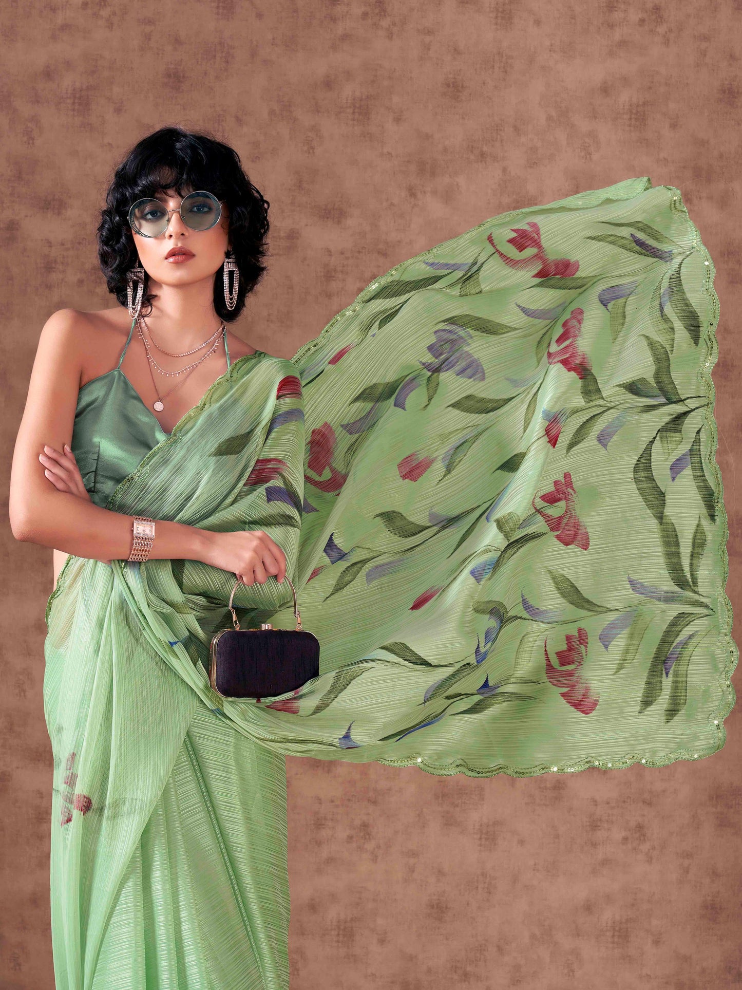 Dhiyona TI Women's Green Colored Hand Painted Striped Satin Scalloped Border Saree with Unstitched Blouse