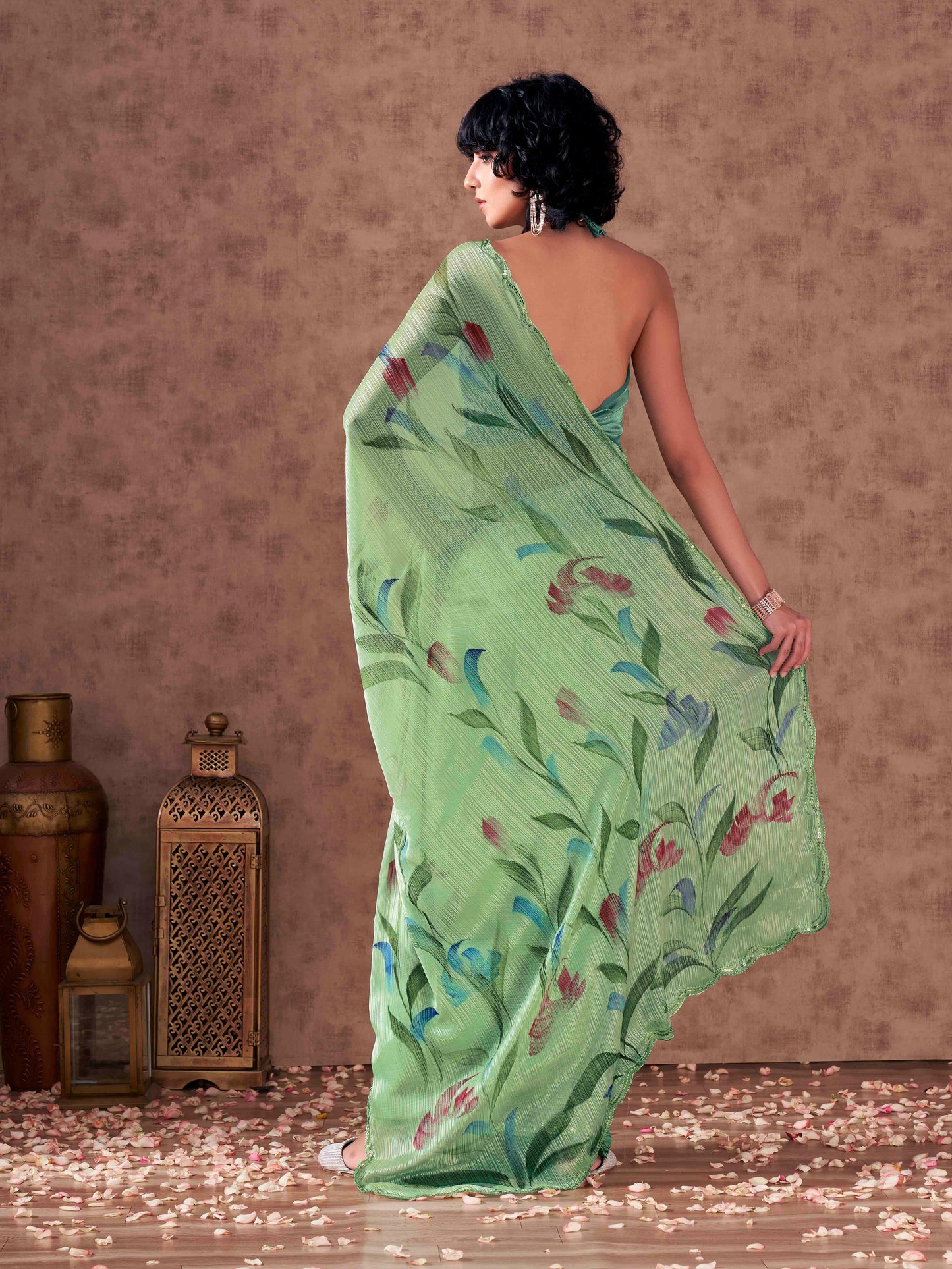 Dhiyona TI Women's Green Colored Hand Painted Striped Satin Scalloped Border Saree with Unstitched Blouse