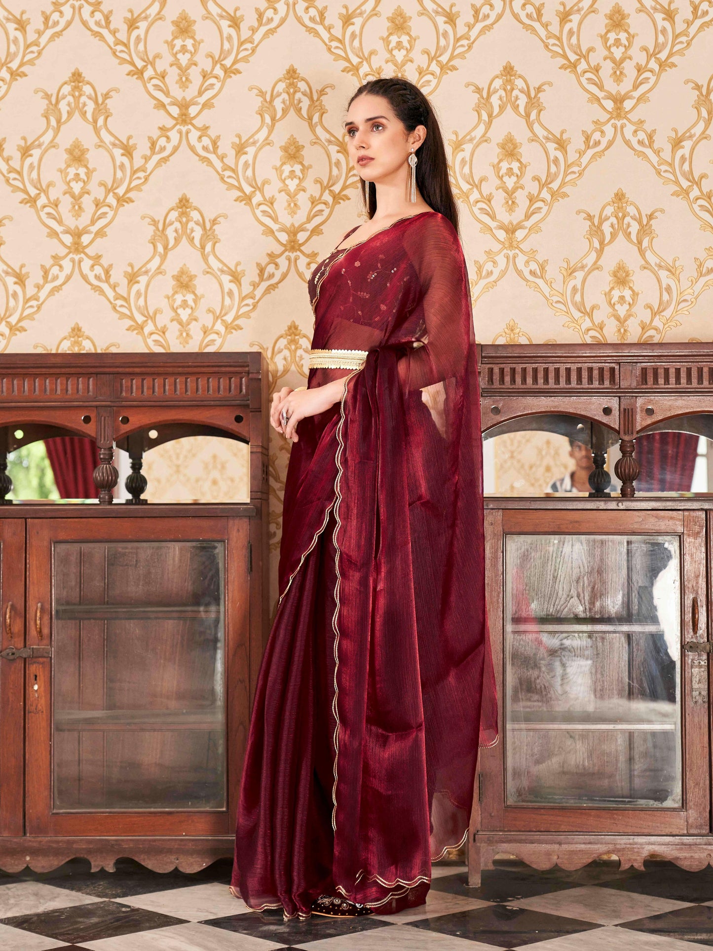 Dhiyona TI Women's Maroon Colored Satin Chiffon Embroidered & Scalloped Border Saree with Unstitched Blouse