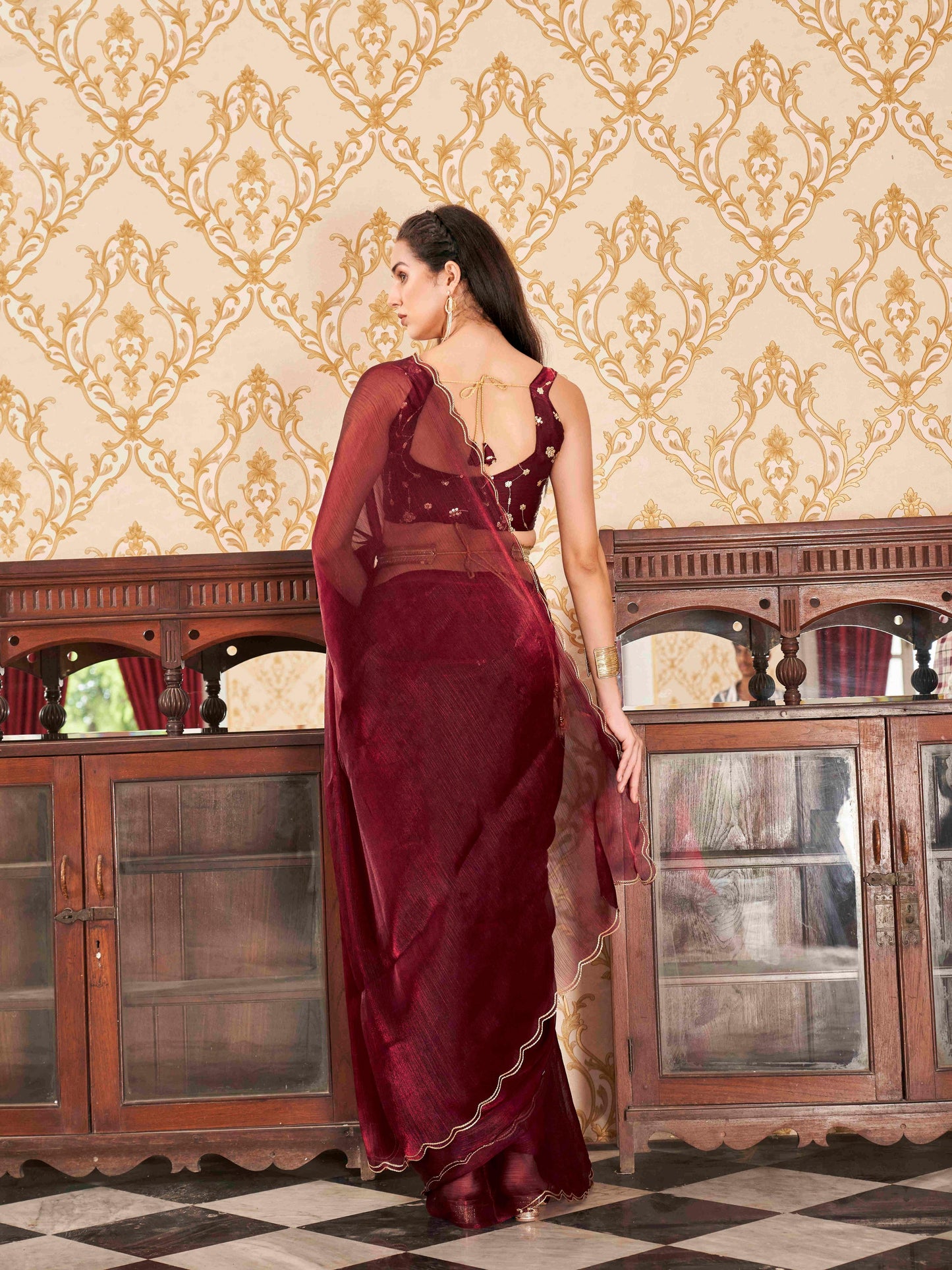Dhiyona TI Women's Maroon Colored Satin Chiffon Embroidered & Scalloped Border Saree with Unstitched Blouse