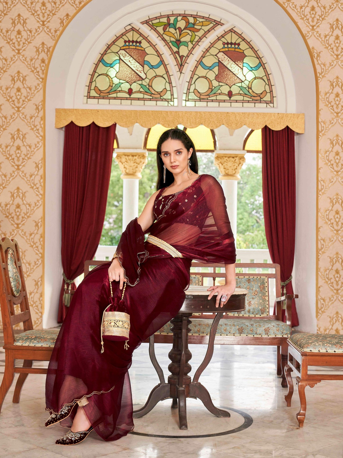 Dhiyona TI Women's Maroon Colored Satin Chiffon Embroidered & Scalloped Border Saree with Unstitched Blouse