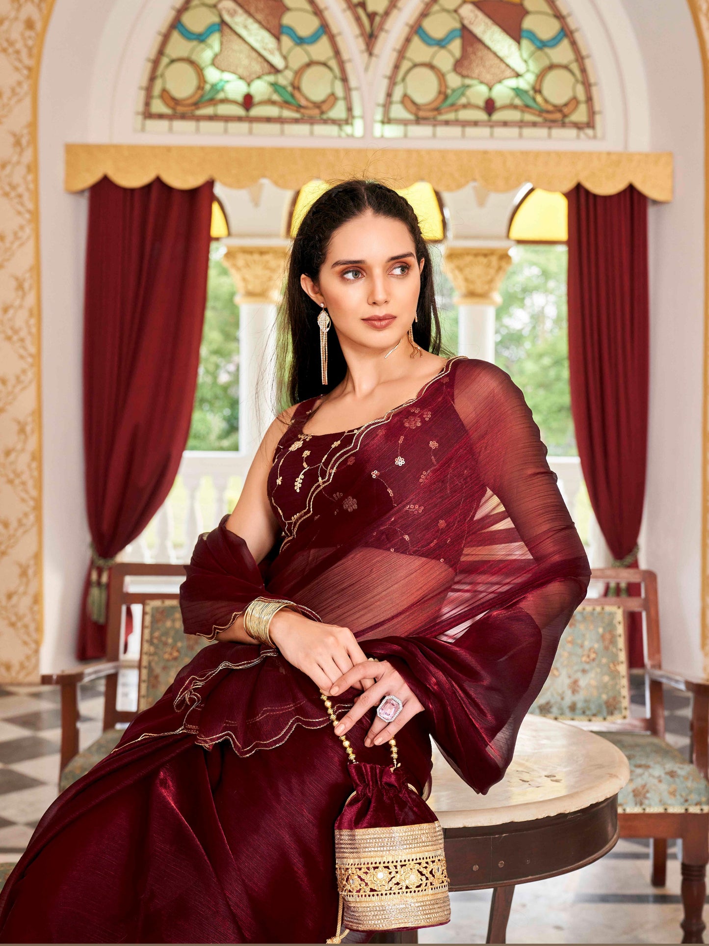Dhiyona TI Women's Maroon Colored Satin Chiffon Embroidered & Scalloped Border Saree with Unstitched Blouse