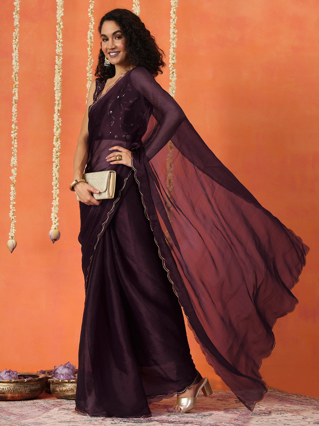 Dhiyona TI Women's Wine Colored Satin Chiffon Saree With Unstitched Blouse