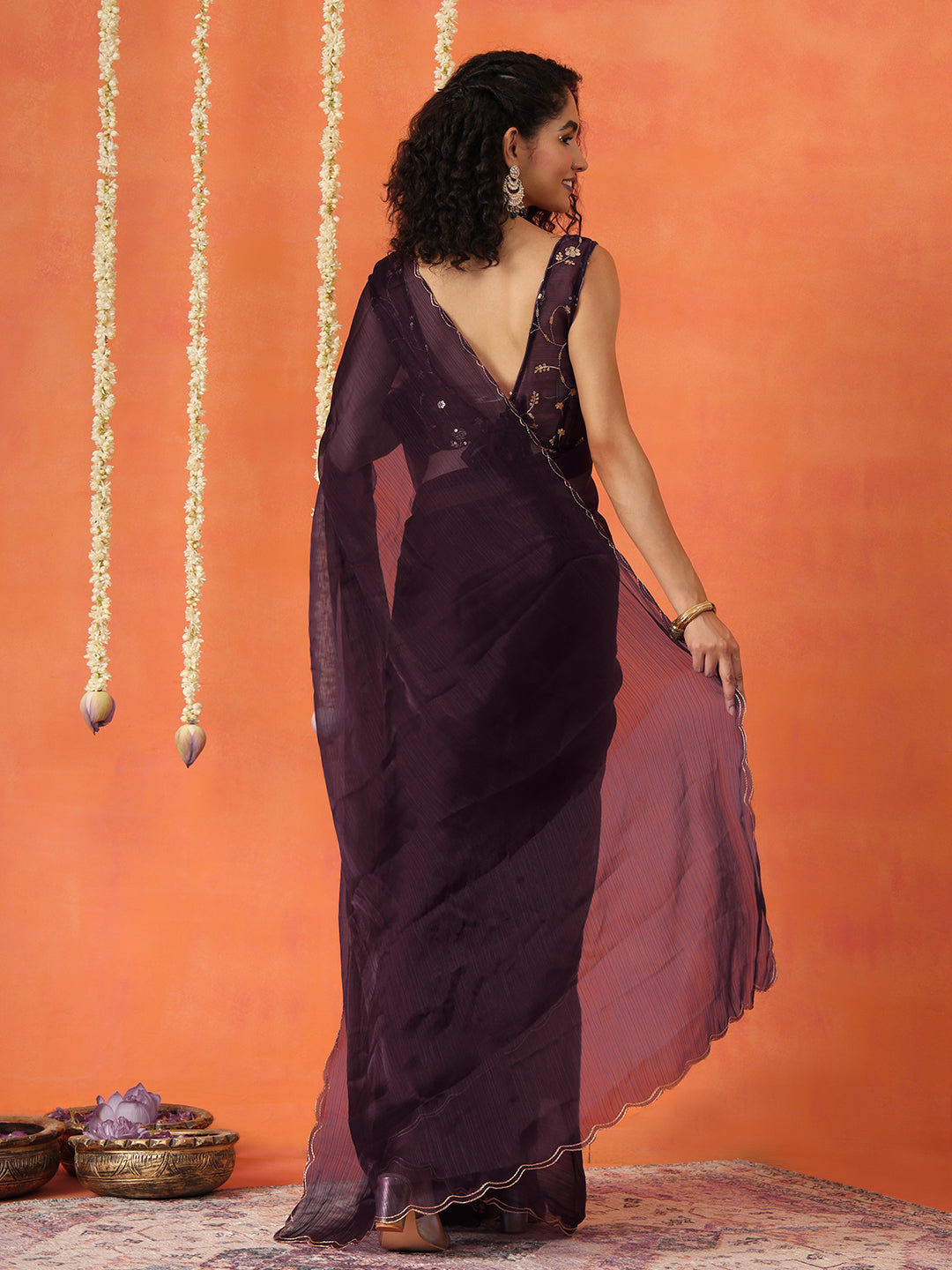 Dhiyona TI Women's Wine Colored Satin Chiffon Saree With Unstitched Blouse